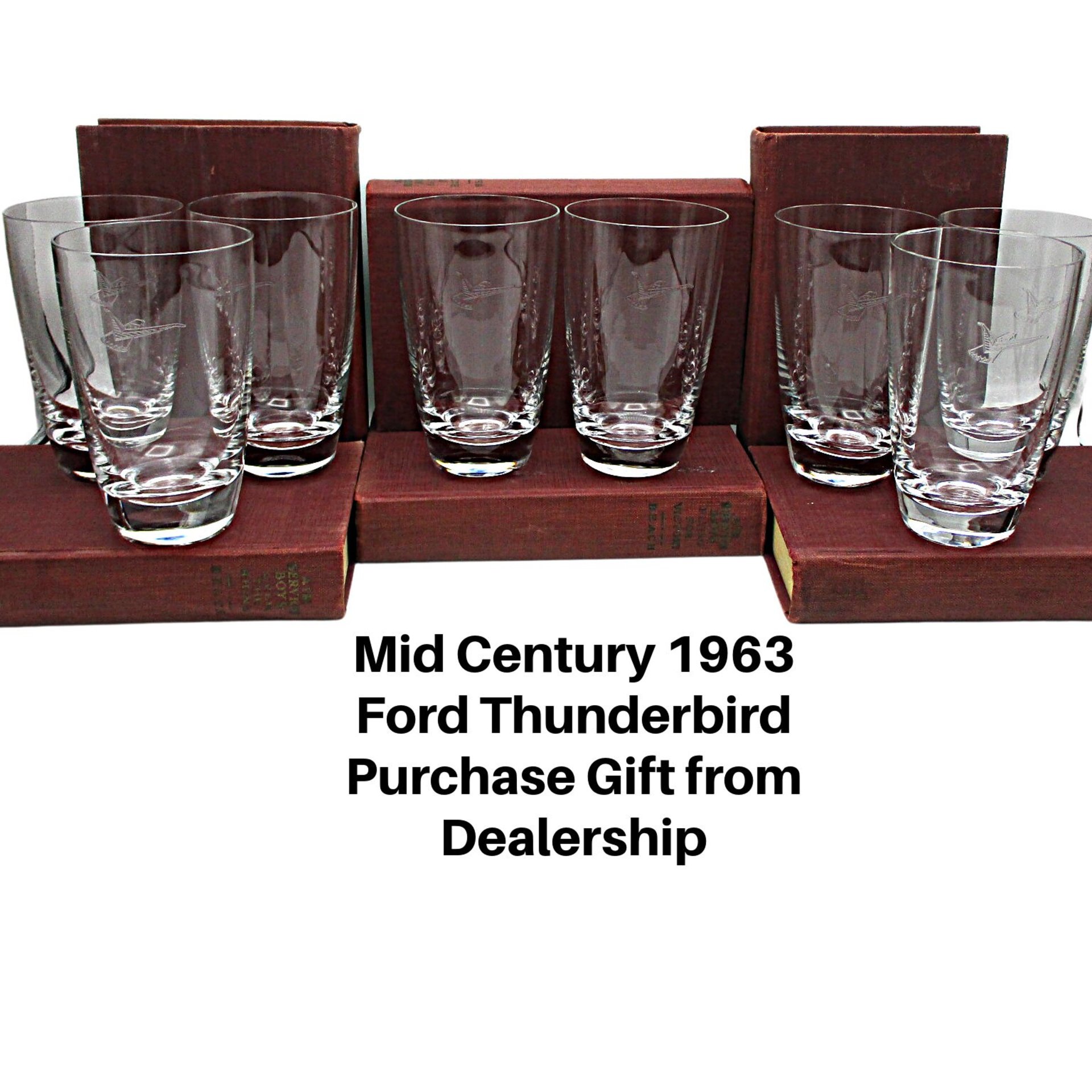 Ford Thunderbird, 1963, Barware, Fostoria, Set of 8, Tumblers, Gift from Dealership for Purchase, All Original Inserts and Packaging