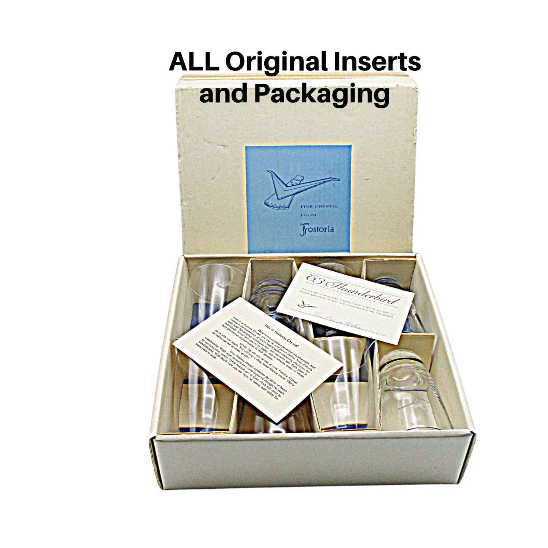 Ford Thunderbird, 1963, Barware, Fostoria, Set of 8, Tumblers, Gift from Dealership for Purchase, All Original Inserts and Packaging