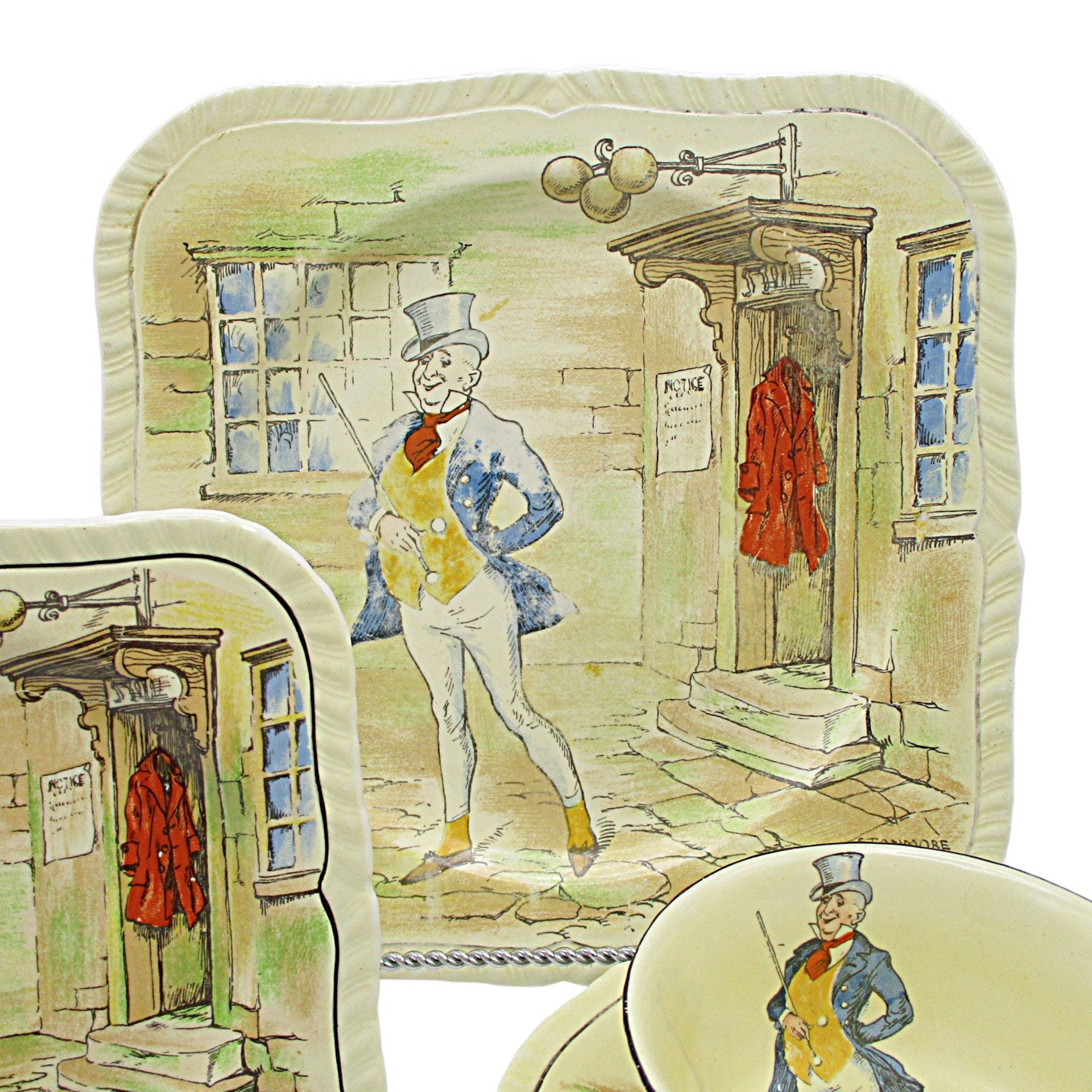 Charles Dickens Character Dish Set Mr Micawber, 4pc Set, Luncheon and Dessert Plate, Cup and Saucer, by Alfred Meakin