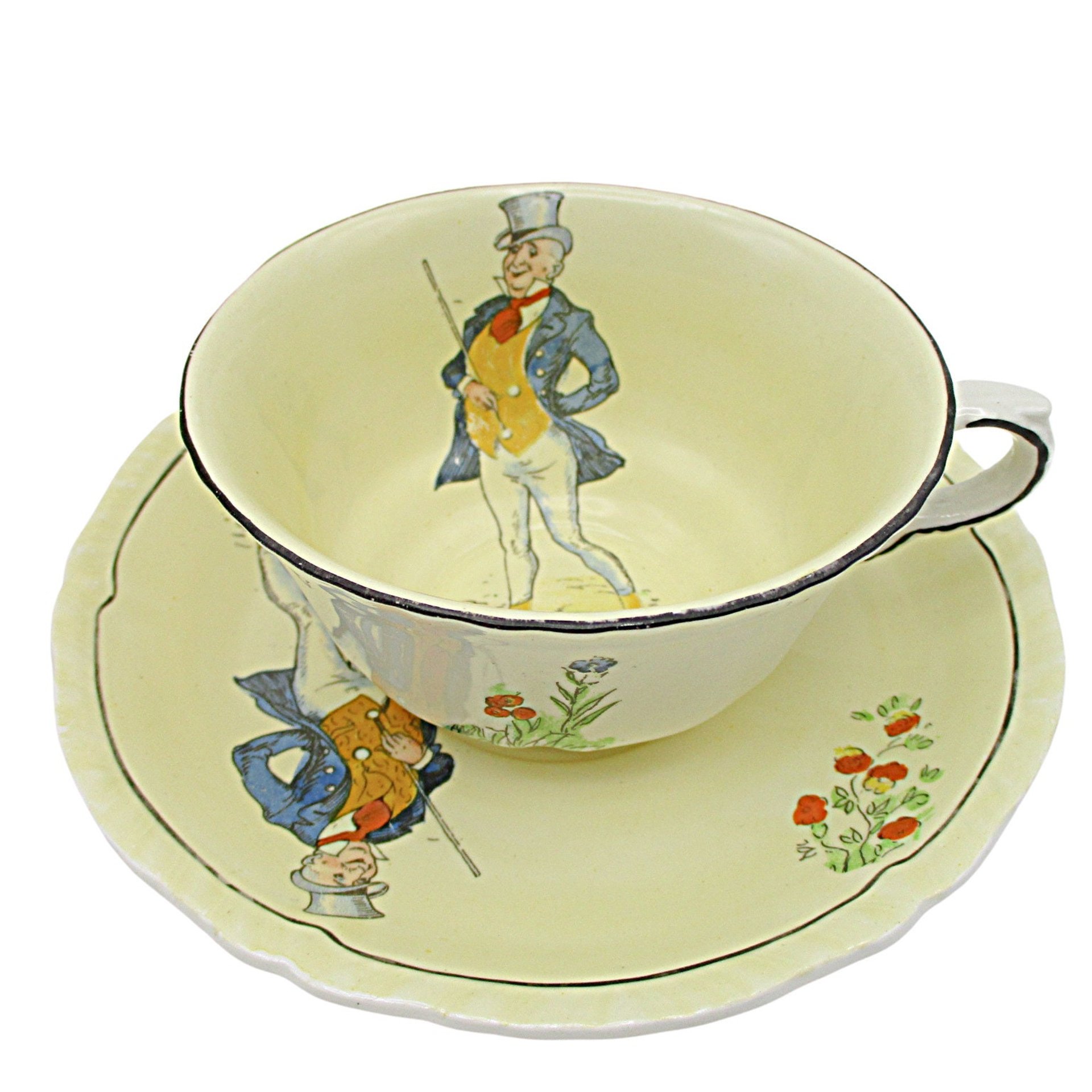 Charles Dickens Character Dish Set Mr Micawber, 4pc Set, Luncheon and Dessert Plate, Cup and Saucer, by Alfred Meakin
