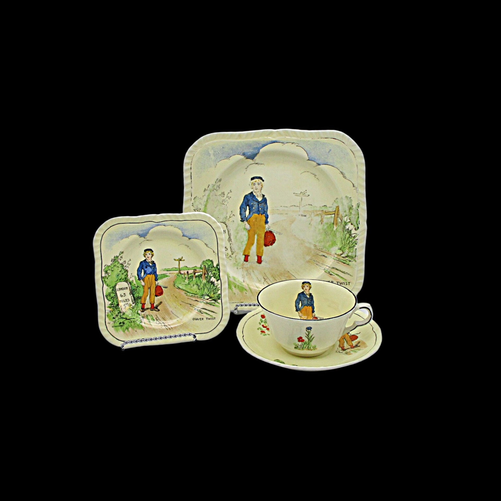 Charles Dickens Character Dish Set, Oliver Twist, 4pc Set, Luncheon and Dessert Plate, Cup and Saucer, by Alfred Meakin