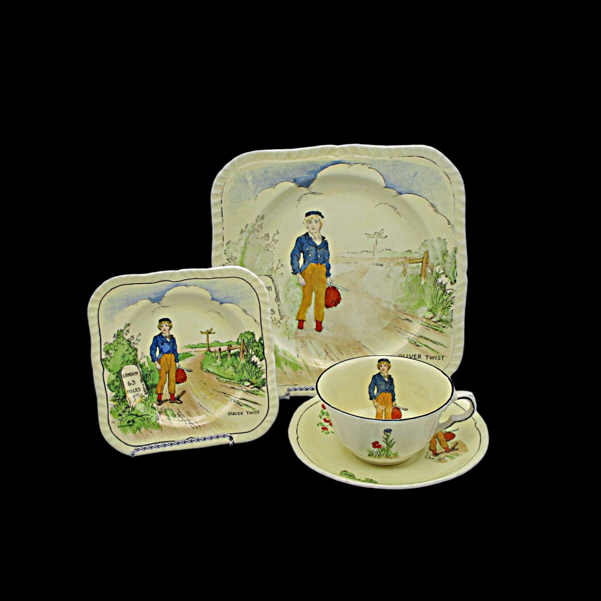 Charles Dickens Character Dish Set, Oliver Twist, 4pc Set, Luncheon and Dessert Plate, Cup and Saucer, by Alfred Meakin