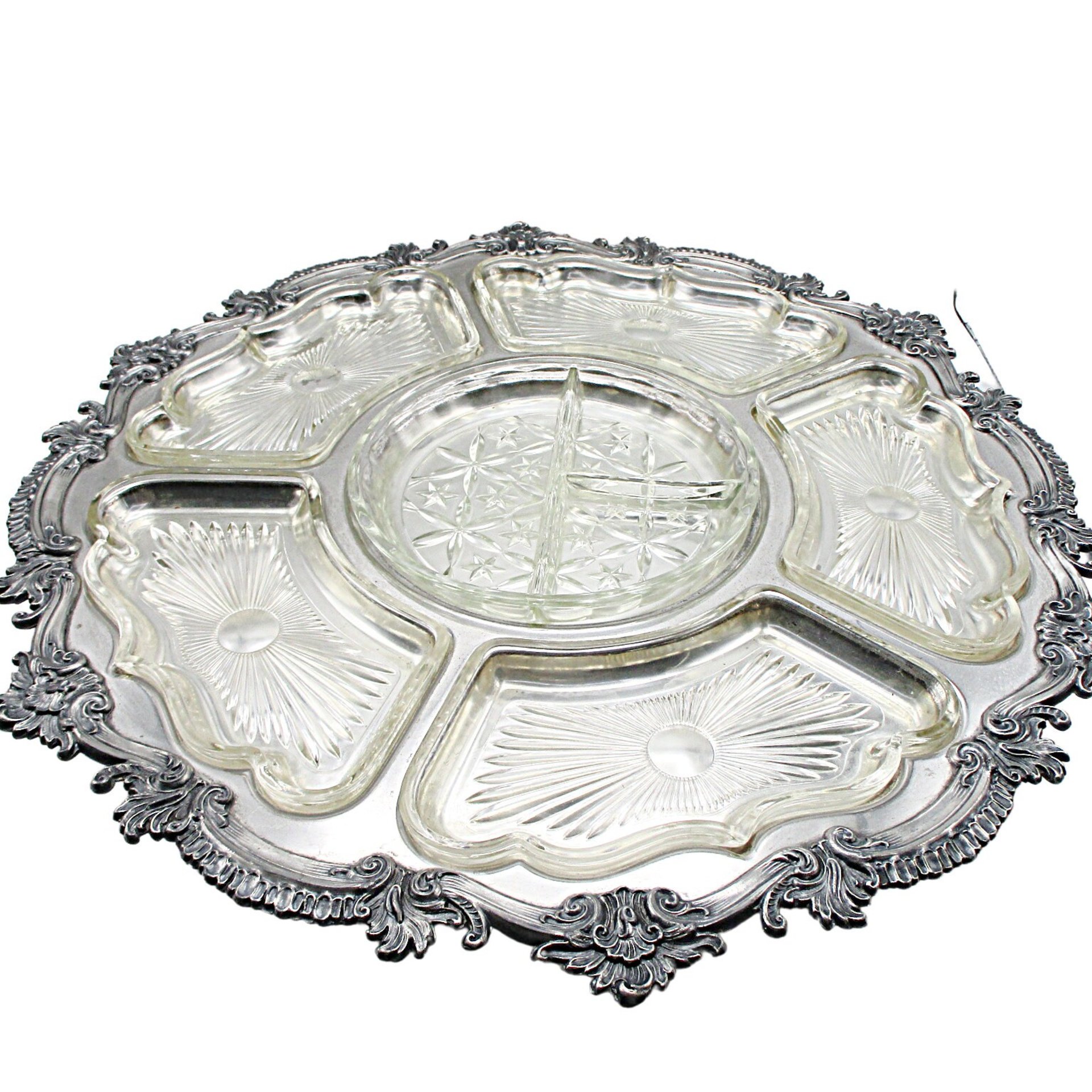 Revolving Silver Plate and Glass Hour De Vours Serving Platter, 20 Inch Diameter, Old World, Ornate Wedding or Bridal Shower