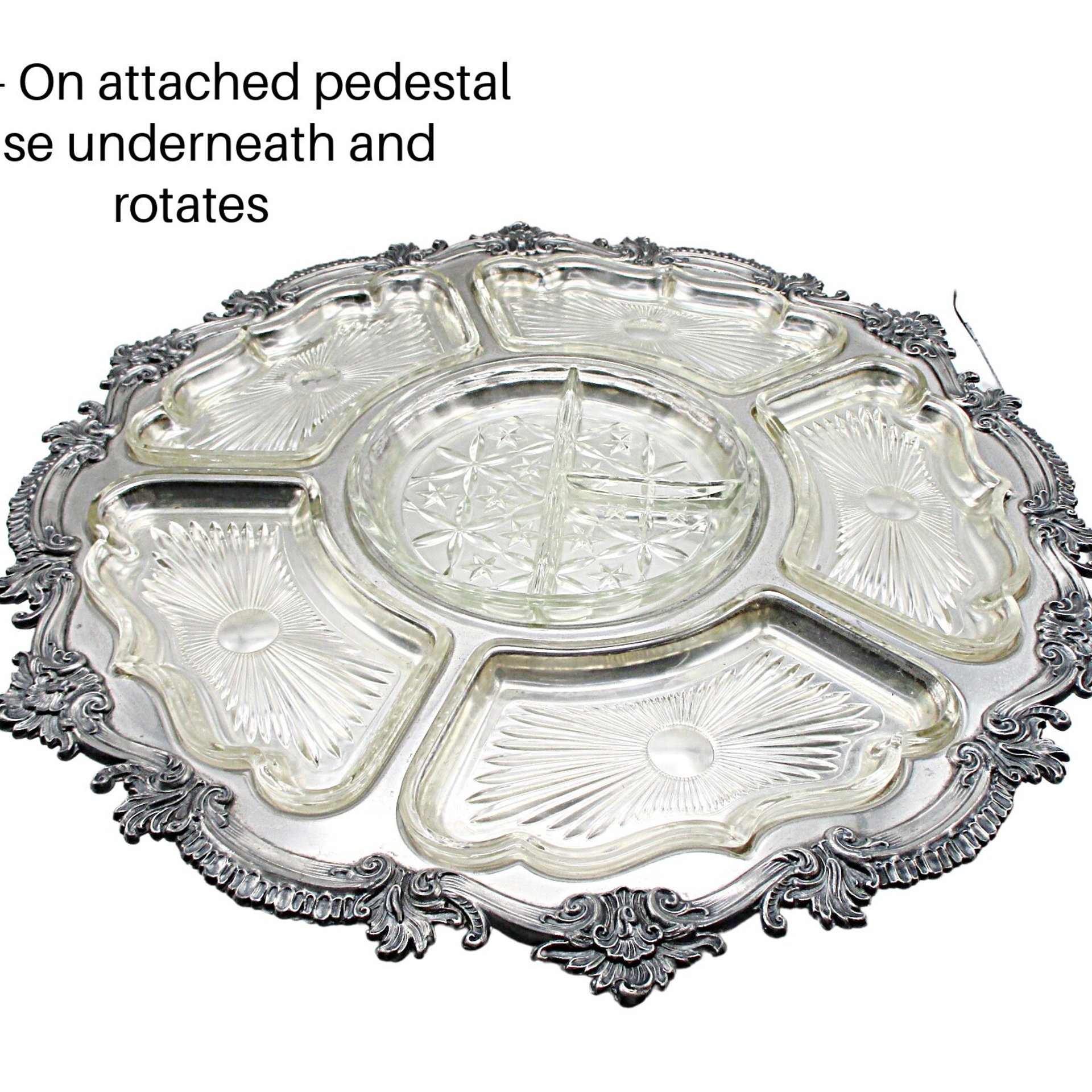 Revolving Silver Plate and Glass Hour De Vours Serving Platter, 20 Inch Diameter, Old World, Ornate Wedding or Bridal Shower