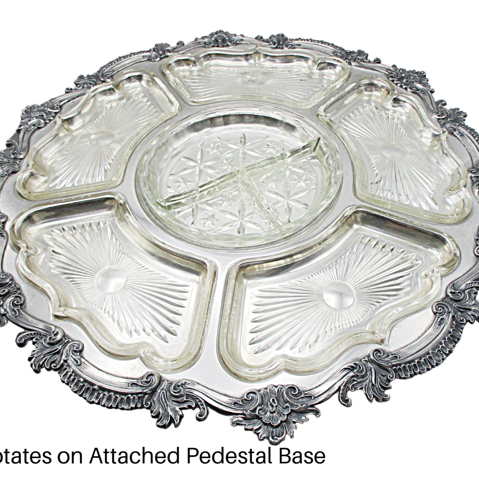 Revolving Silver Plate and Glass Hour De Vours Serving Platter, 20 Inch Diameter, Old World, Ornate Wedding or Bridal Shower