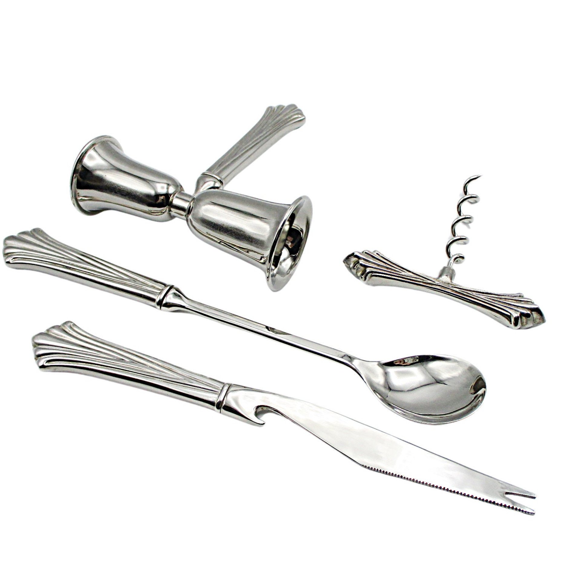 Vintage Silver Plate Bar Tool Set, Double Jigger, Cocktail Spoon, Garnishment Knive, Cork Screw, Barware for Home Bartender