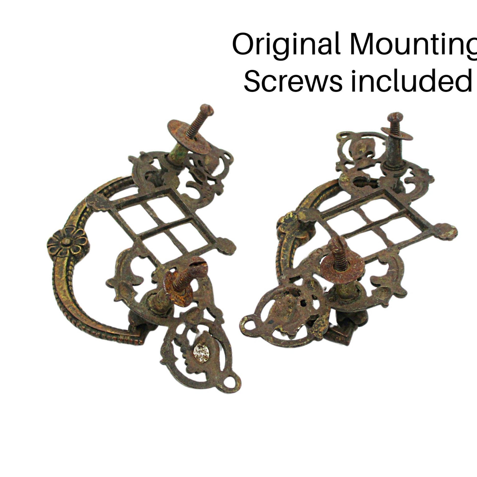 Antique Drawer Pulls Set of 2, Victorian 1920s, Marked Arco, Ornate, 3 Inch Mount, Original Mounting Hardware