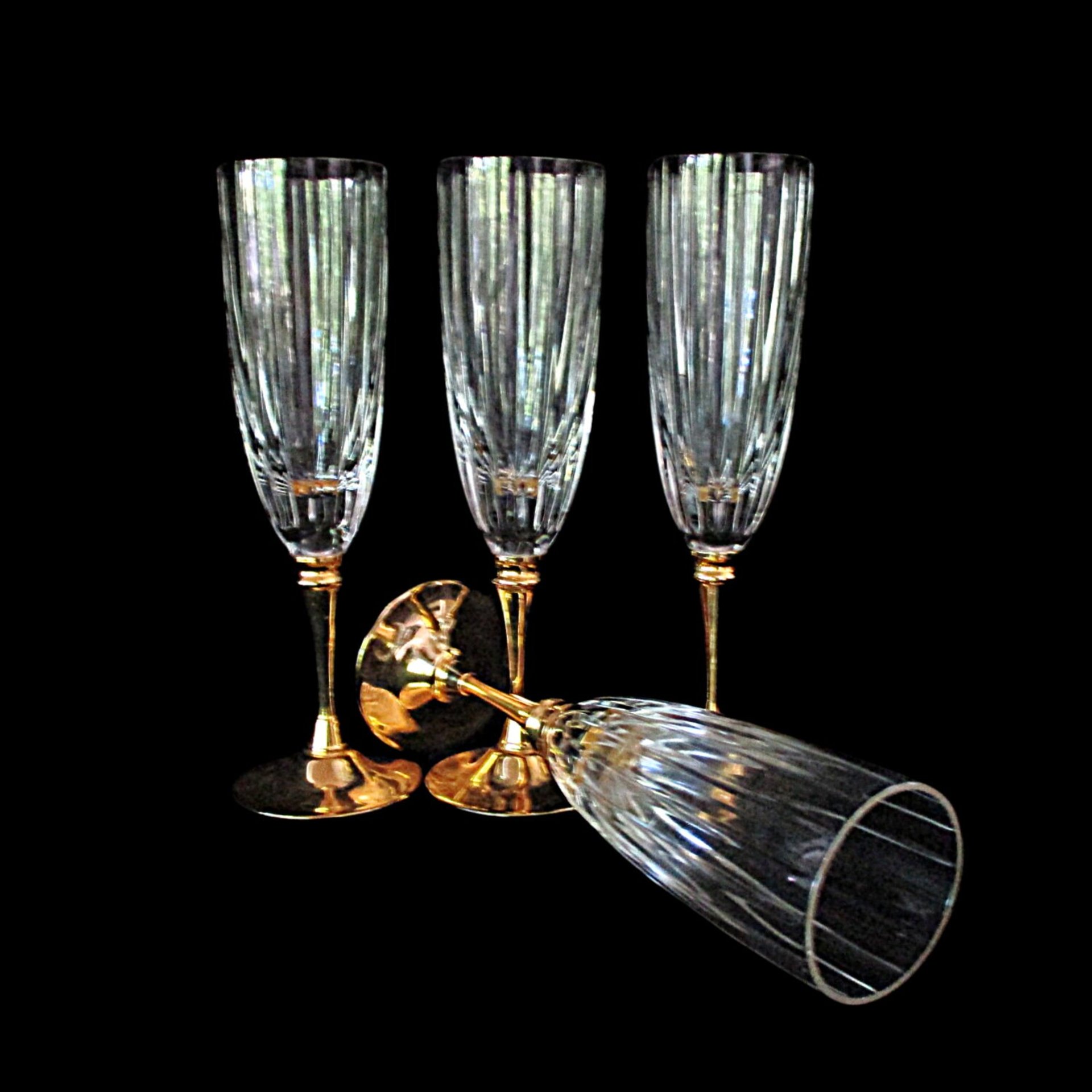 Morgan Gold Plated Crystal Stemware, Champagne Flutes, Set of 4, Rare, Wedding Gift, Gold Stemware, Made in Hong Kong