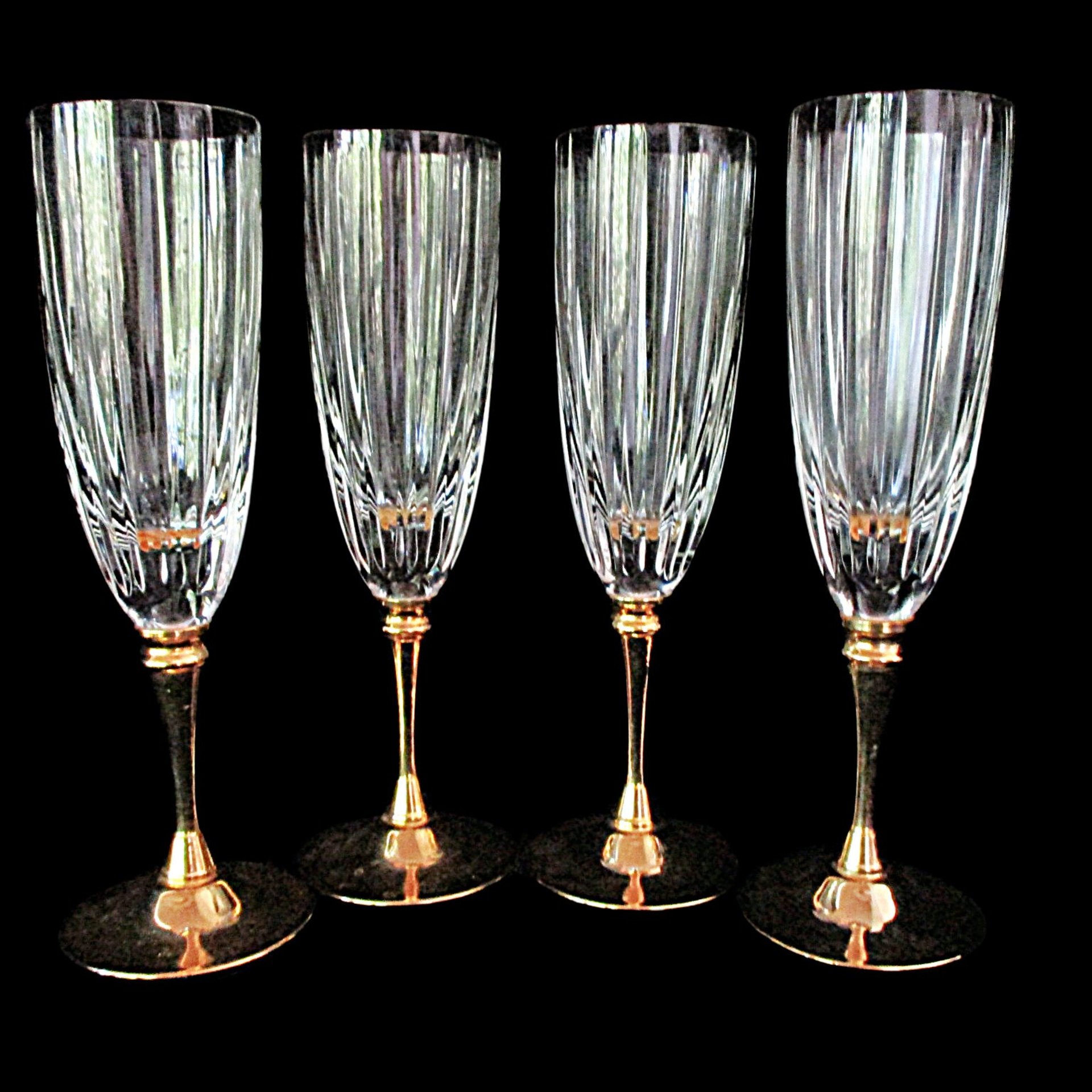 Morgan Gold Plated Crystal Stemware, Champagne Flutes, Set of 4, Rare, Wedding Gift, Gold Stemware, Made in Hong Kong