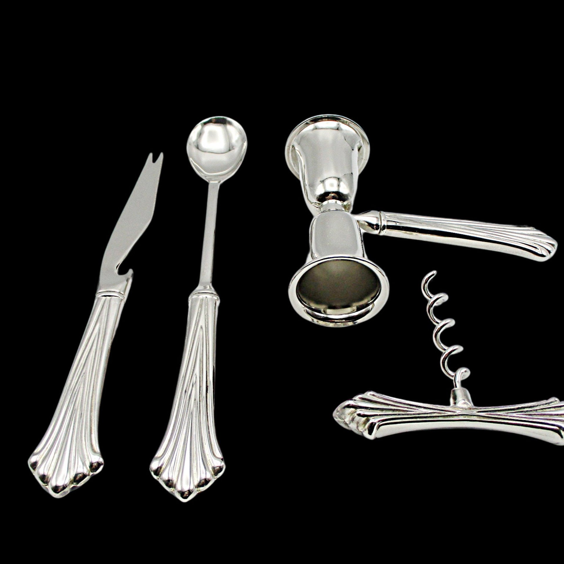 Vintage Silver Plate Bar Tool Set, Double Jigger, Cocktail Spoon, Garnishment Knive, Cork Screw, Barware for Home Bartender