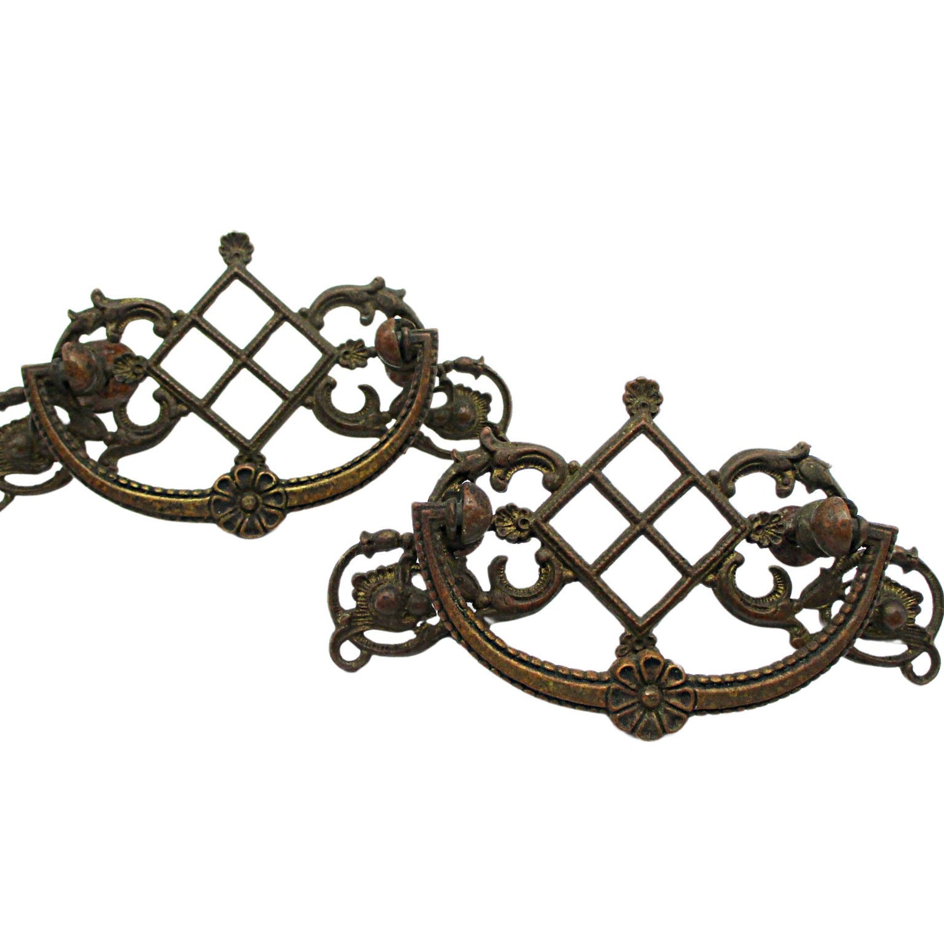 Antique Drawer Pulls Set of 2, Victorian 1920s, Marked Arco, Ornate, 3 Inch Mount, Original Mounting Hardware