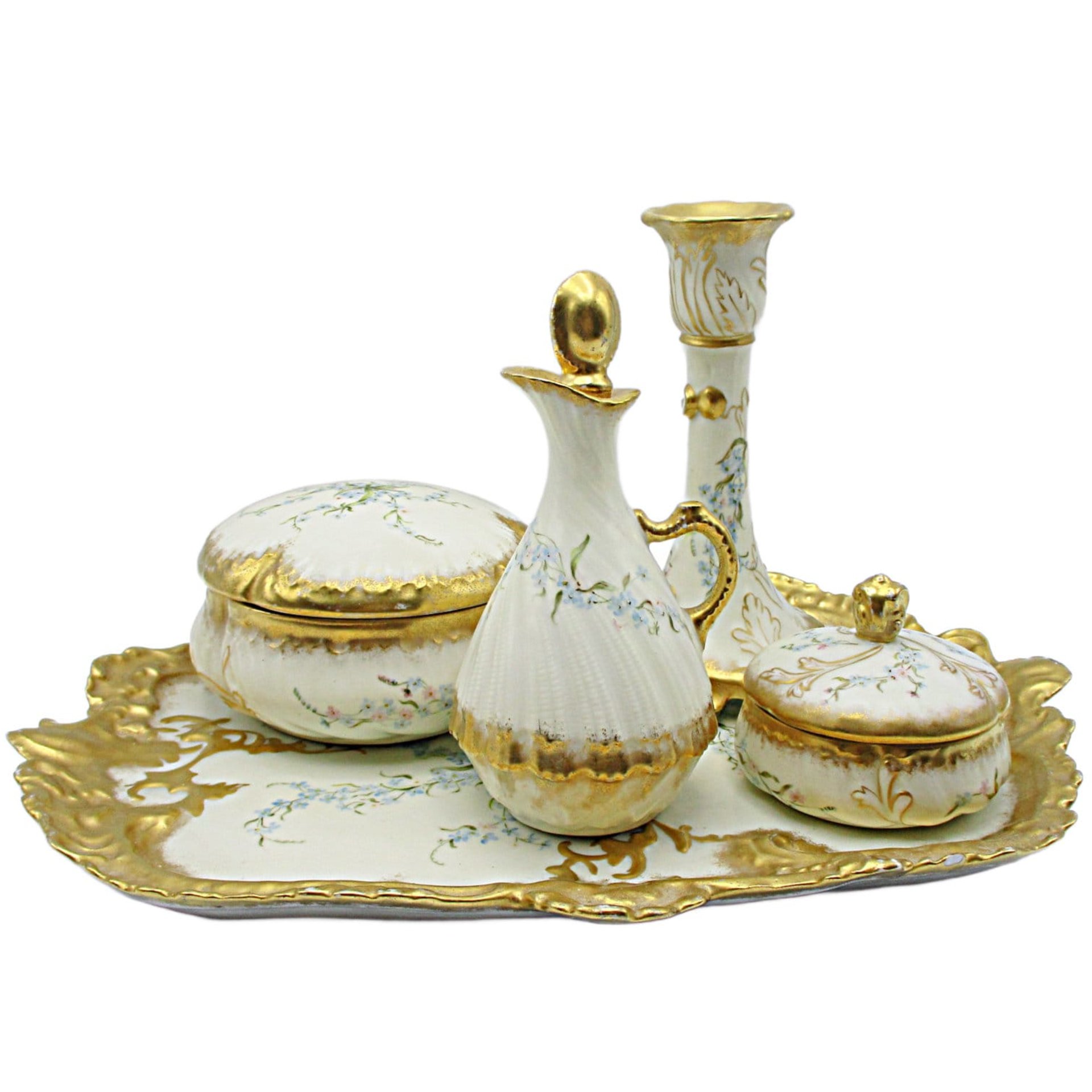 Limoges Dresser Set, 8pc, Limoges France, Powder Box, Pin Box, Candle Holder, Tray, Heavy Gold Gilt, Martial Redon, Anniversary Gift