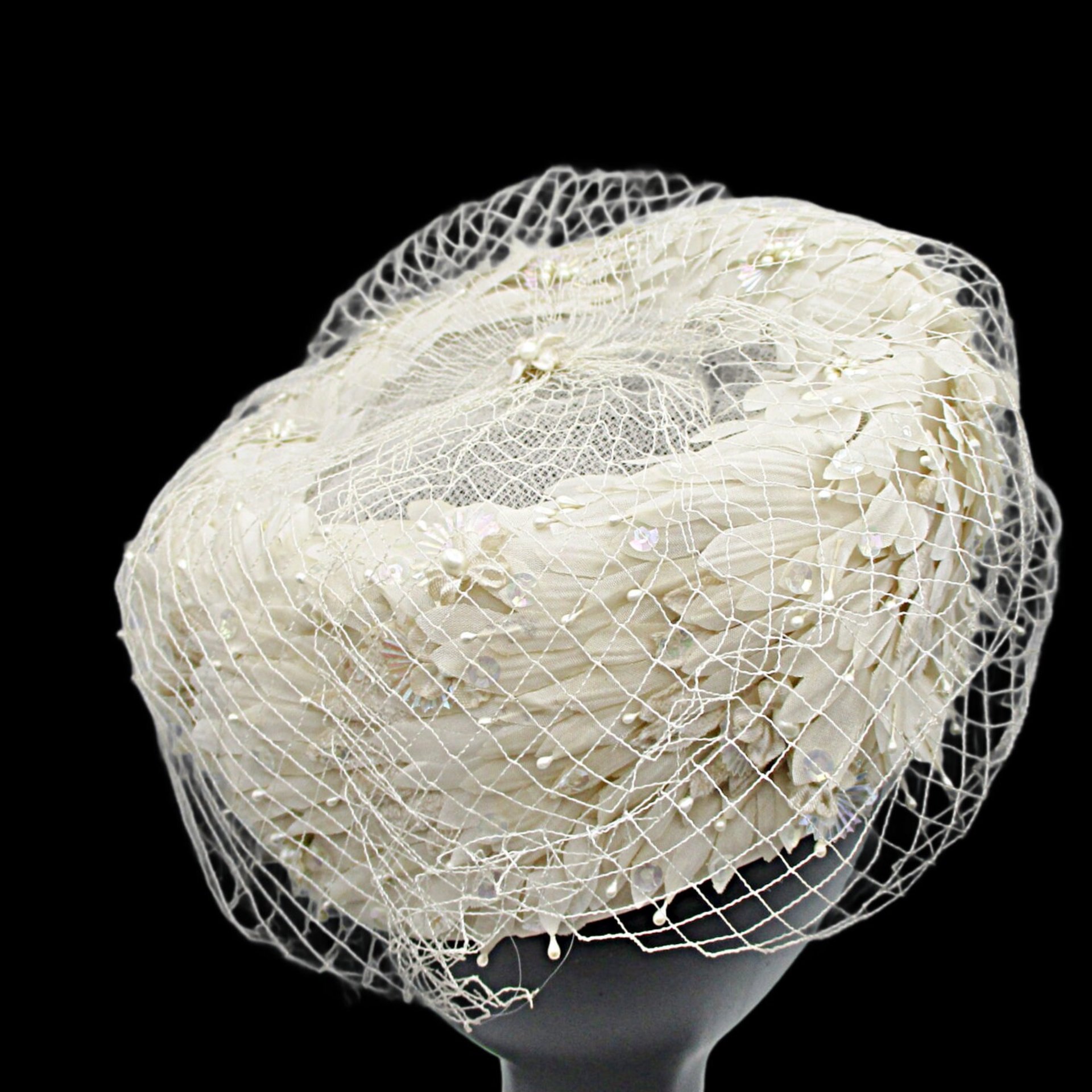 Ladies Vintage Hat Dressy, Faux Pearls, Sequins and Netting, Creamy White, Pillbox Style, Wedding Hat, L Strauss