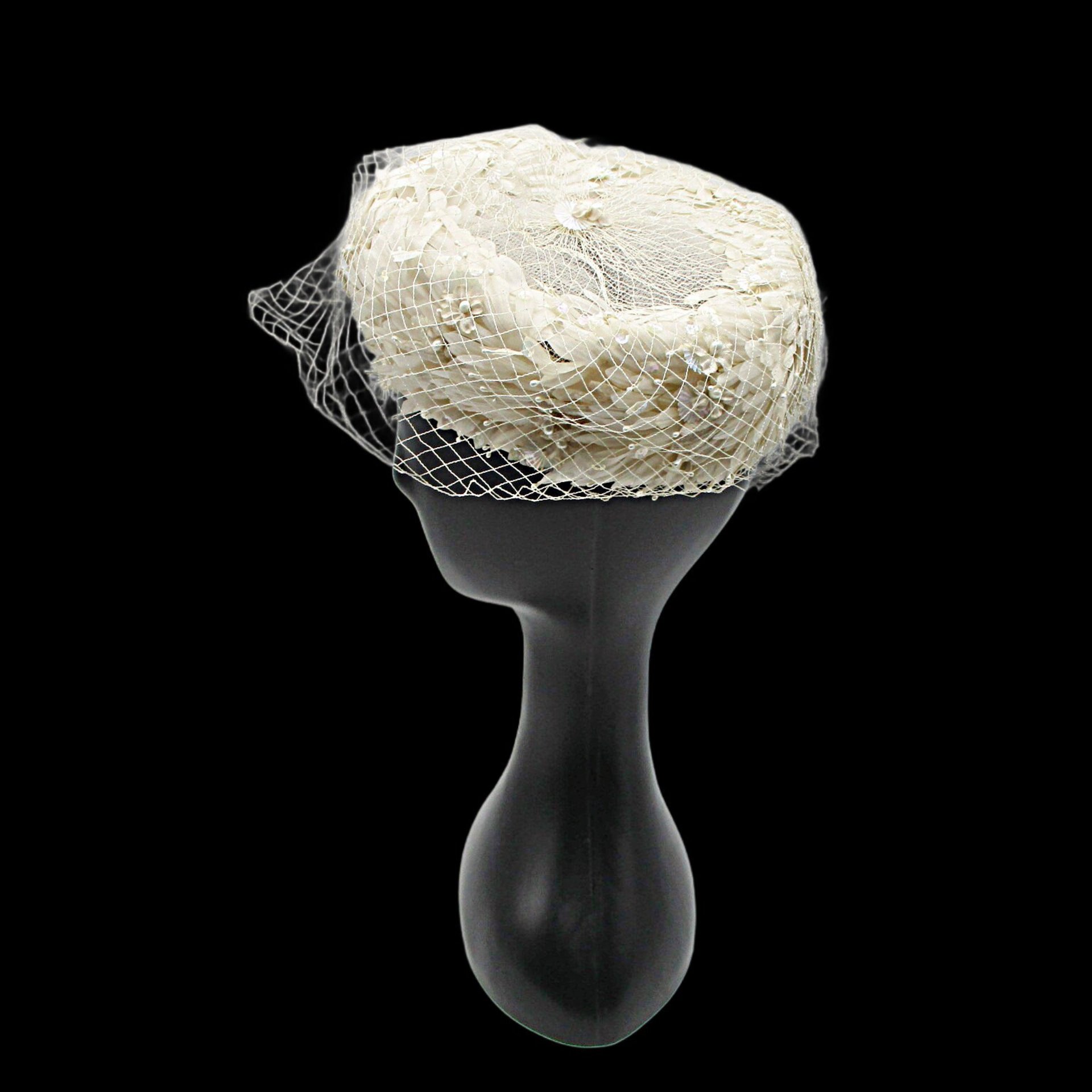Ladies Vintage Hat Dressy, Faux Pearls, Sequins and Netting, Creamy White, Pillbox Style, Wedding Hat, L Strauss