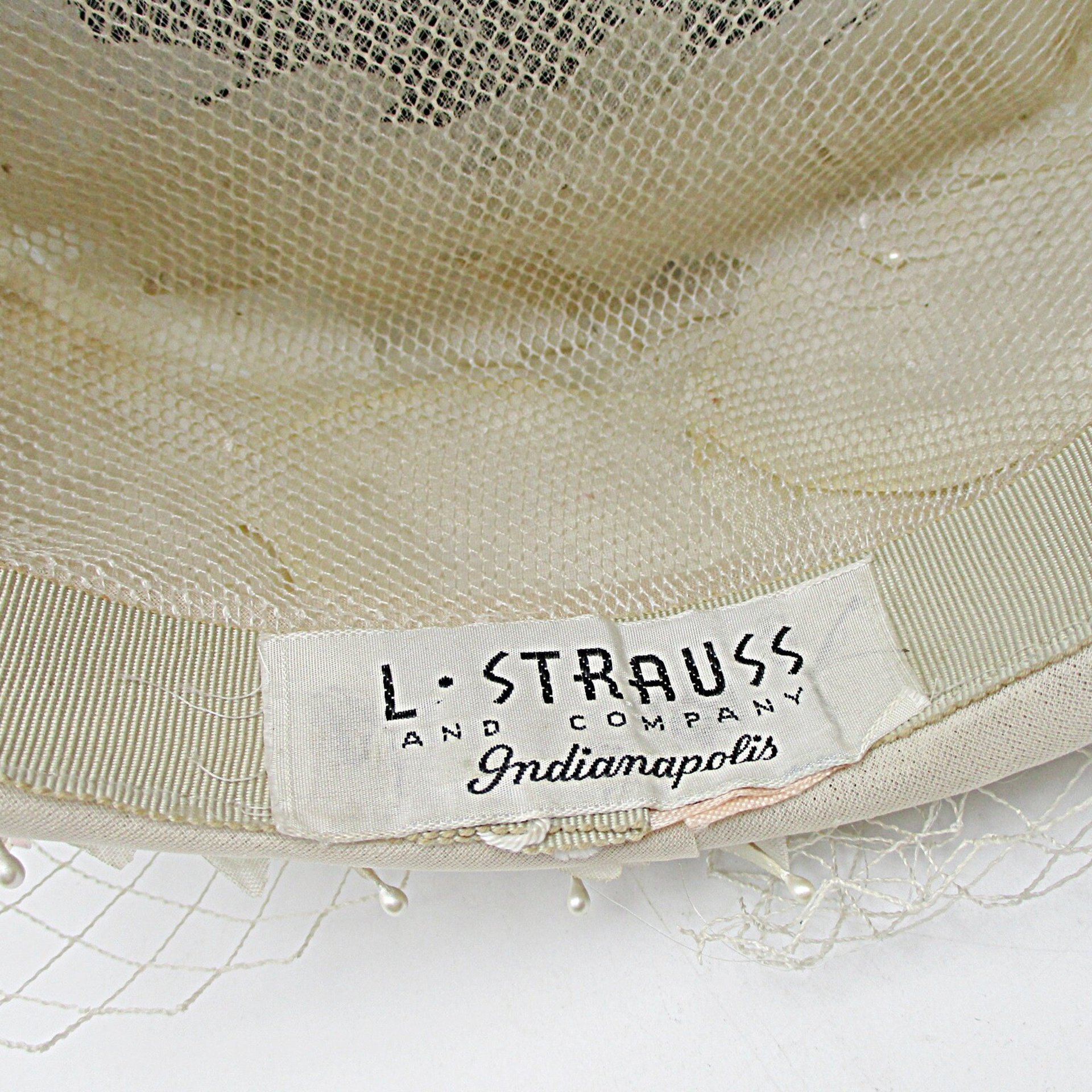 Ladies Vintage Hat Dressy, Faux Pearls, Sequins and Netting, Creamy White, Pillbox Style, Wedding Hat, L Strauss