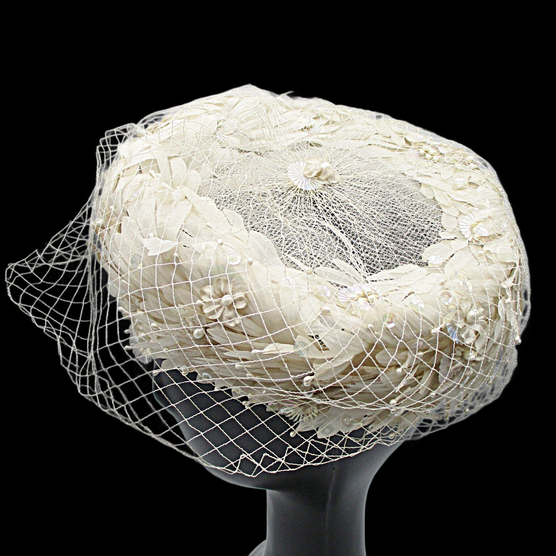 Ladies Vintage Hat Dressy, Faux Pearls, Sequins and Netting, Creamy White, Pillbox Style, Wedding Hat, L Strauss