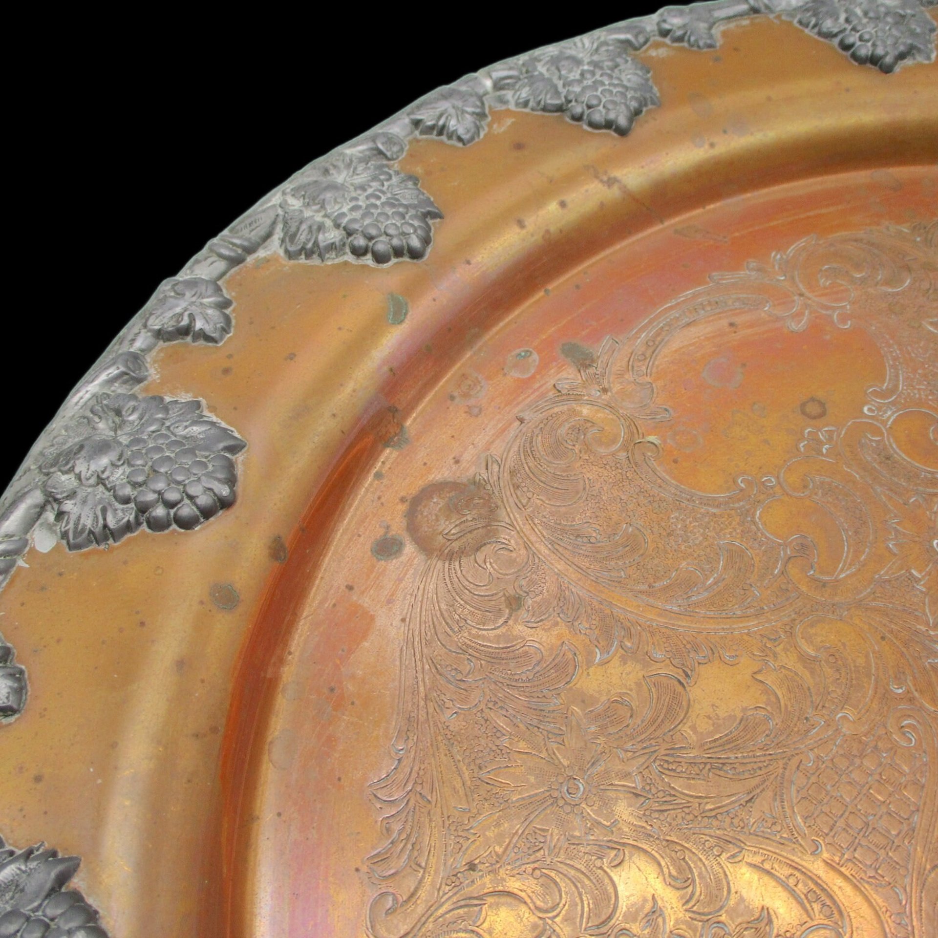 Large Copper Serving Tray, Heavy Ornate Trim and Handles, 18 Inch Diameter, French Farmhouse Country Kitchen Decor, Federal Silver on Copper