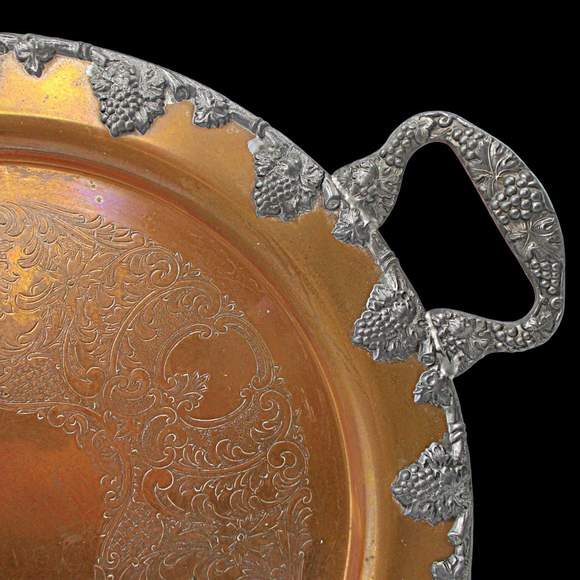 Large Copper Serving Tray, Heavy Ornate Trim and Handles, 18 Inch Diameter, French Farmhouse Country Kitchen Decor, Federal Silver on Copper