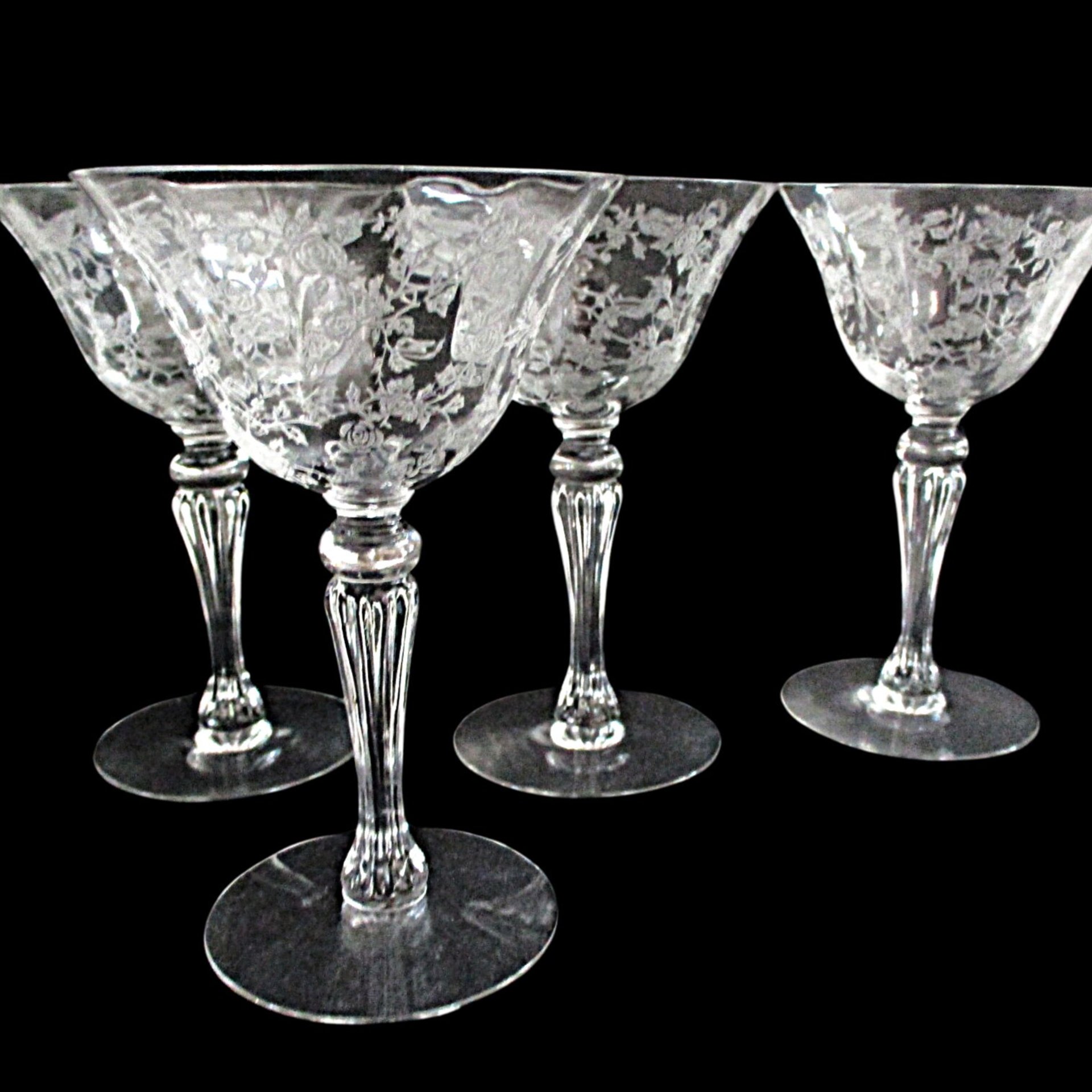 Tiffin Cerice Champagne or Martini Glasses, Set of 4, Etched Crystal Stemware, Bridal Toasting Glasses