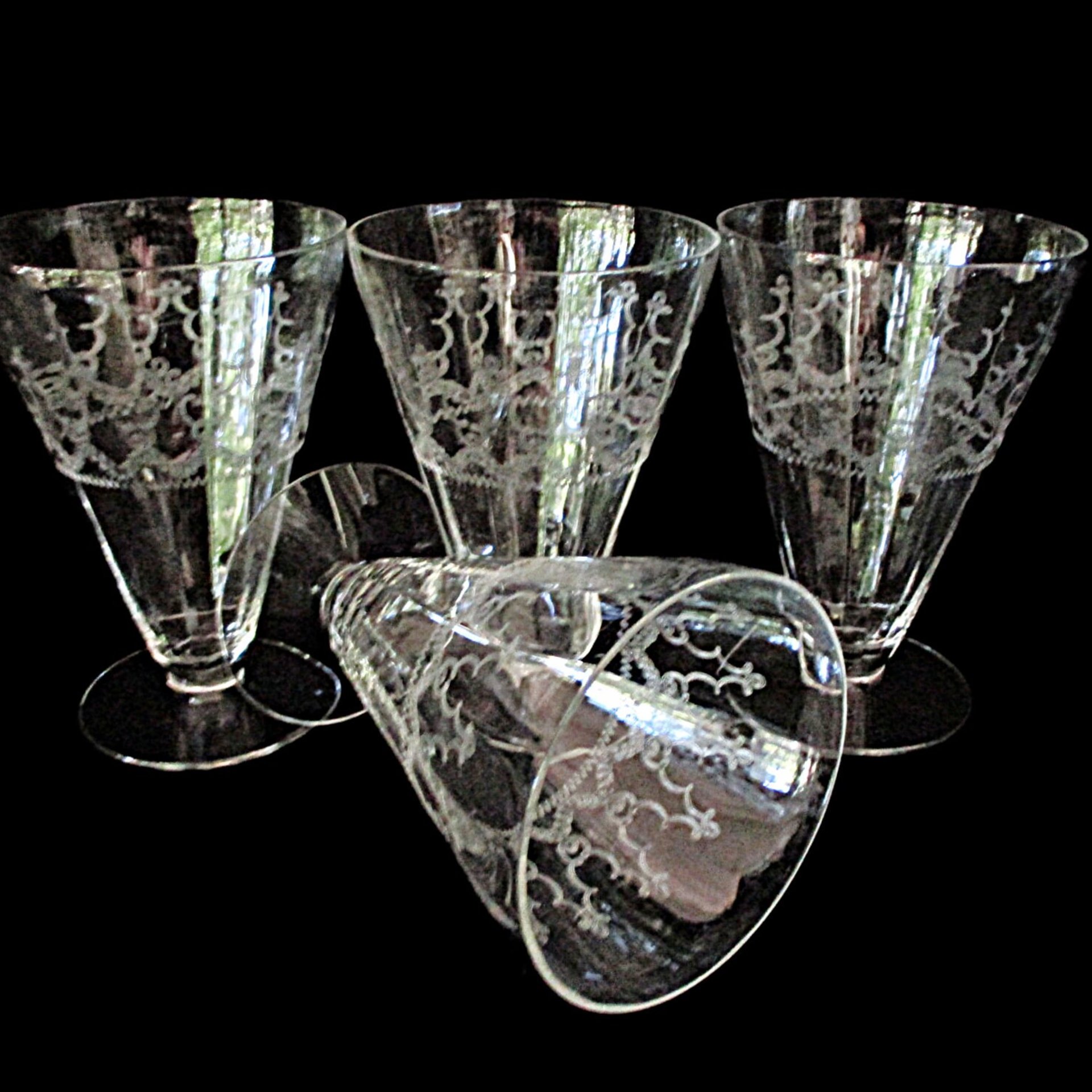 Fostoria Pagoda Tumblers Set of 4, Etched Crystal Stemware, Replacement Fostoria Pagoda, Juice or Drink Glasses, Excellent Condition