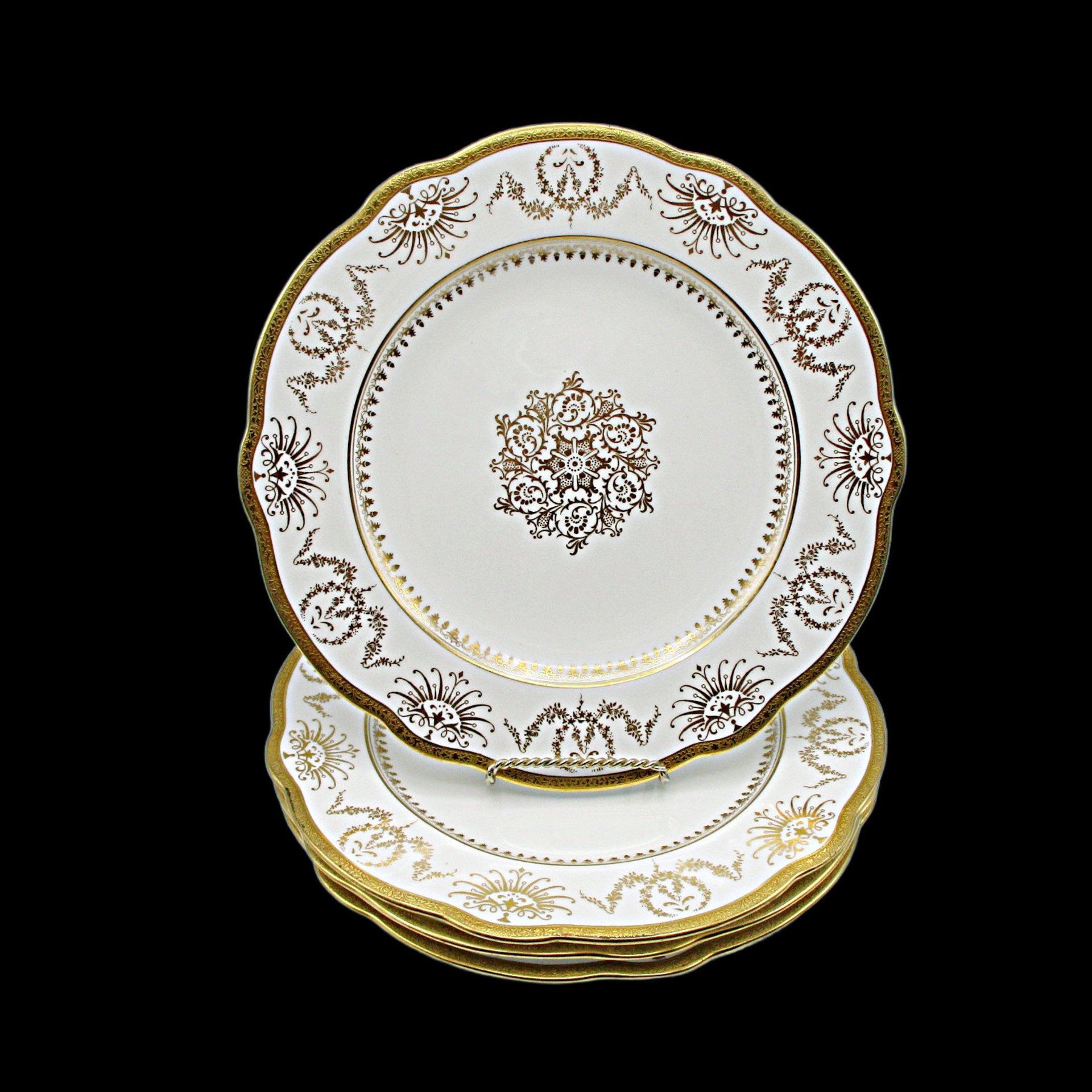 Coalport Dinner Plates for Marshall Fields, Set of 4, Gold Pattern on White, Center Medallion, Made in England, Wedding or Anniversary Gift