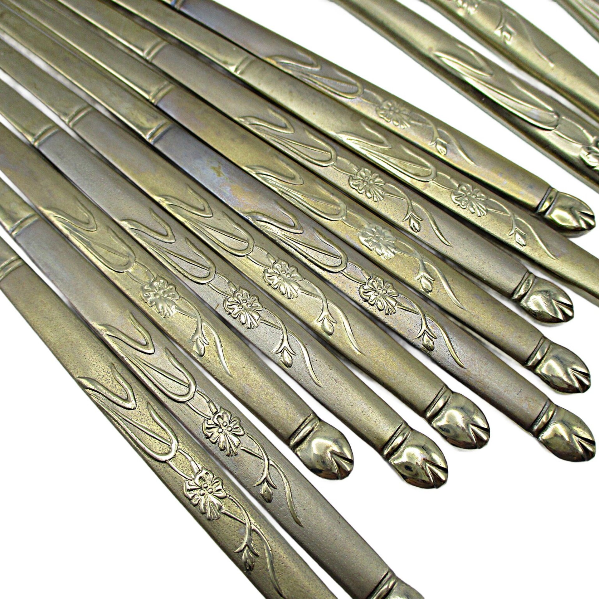 Stainless Steel Chopsticks Stirrers Long Spoons, 18/10 Kum Ling, Golden Floral Pattern, Set of 10 Chopsticks, 5 Spoons