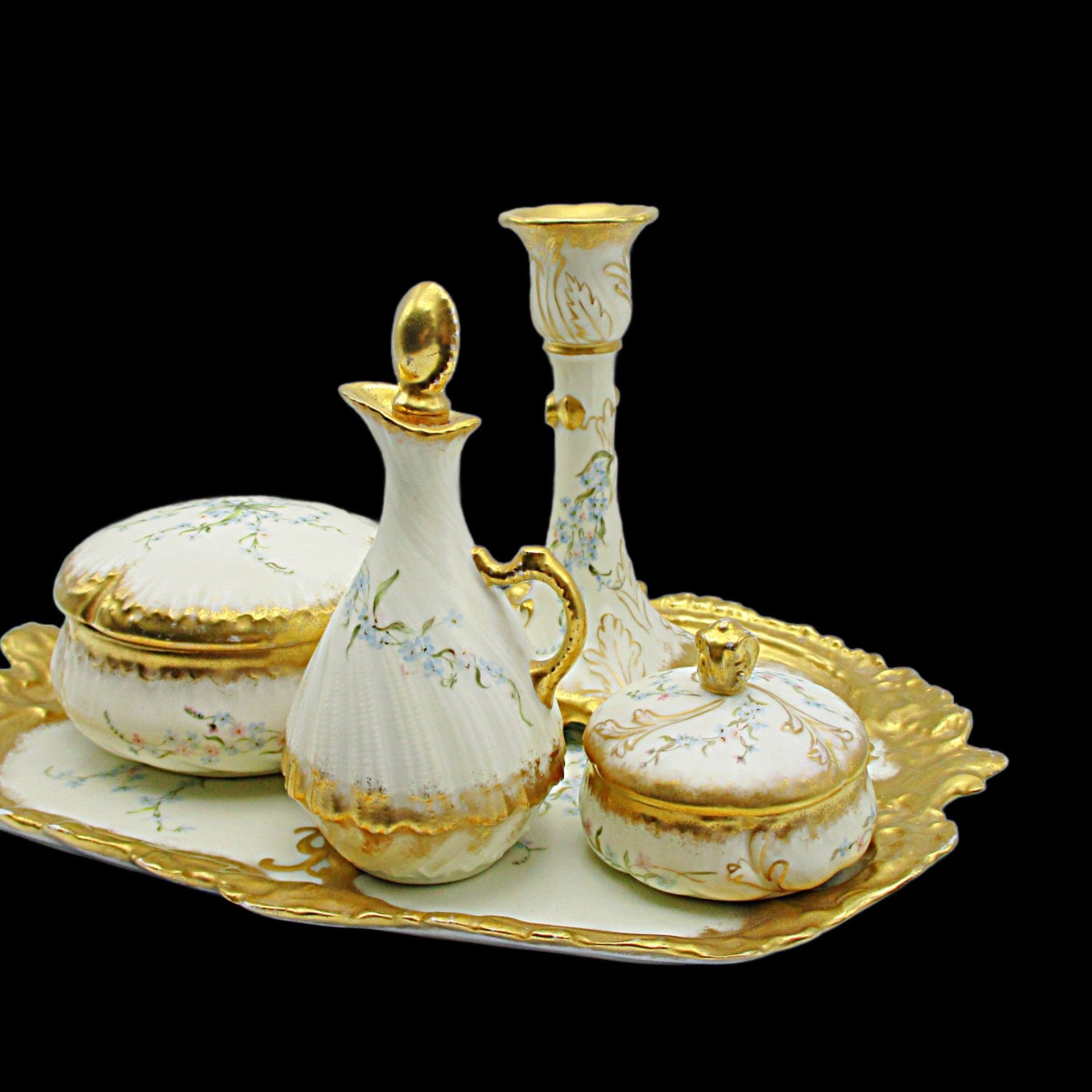Limoges Dresser Set, 8pc, Limoges France, Powder Box, Pin Box, Candle Holder, Tray, Heavy Gold Gilt, Martial Redon, Anniversary Gift