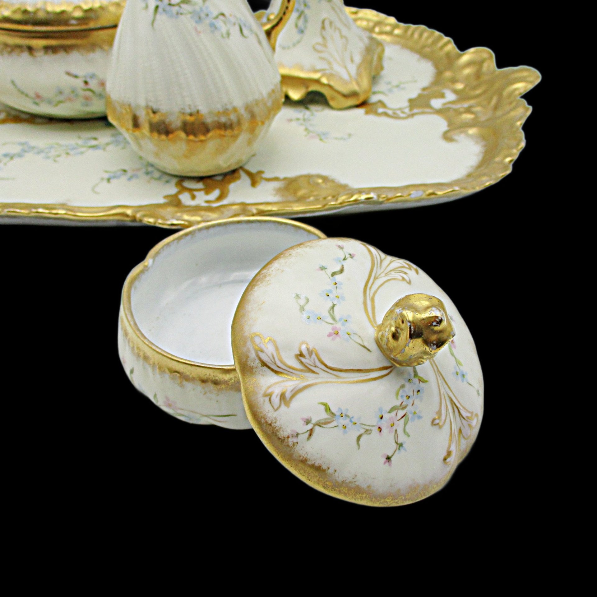 Limoges Dresser Set, 8pc, Limoges France, Powder Box, Pin Box, Candle Holder, Tray, Heavy Gold Gilt, Martial Redon, Anniversary Gift