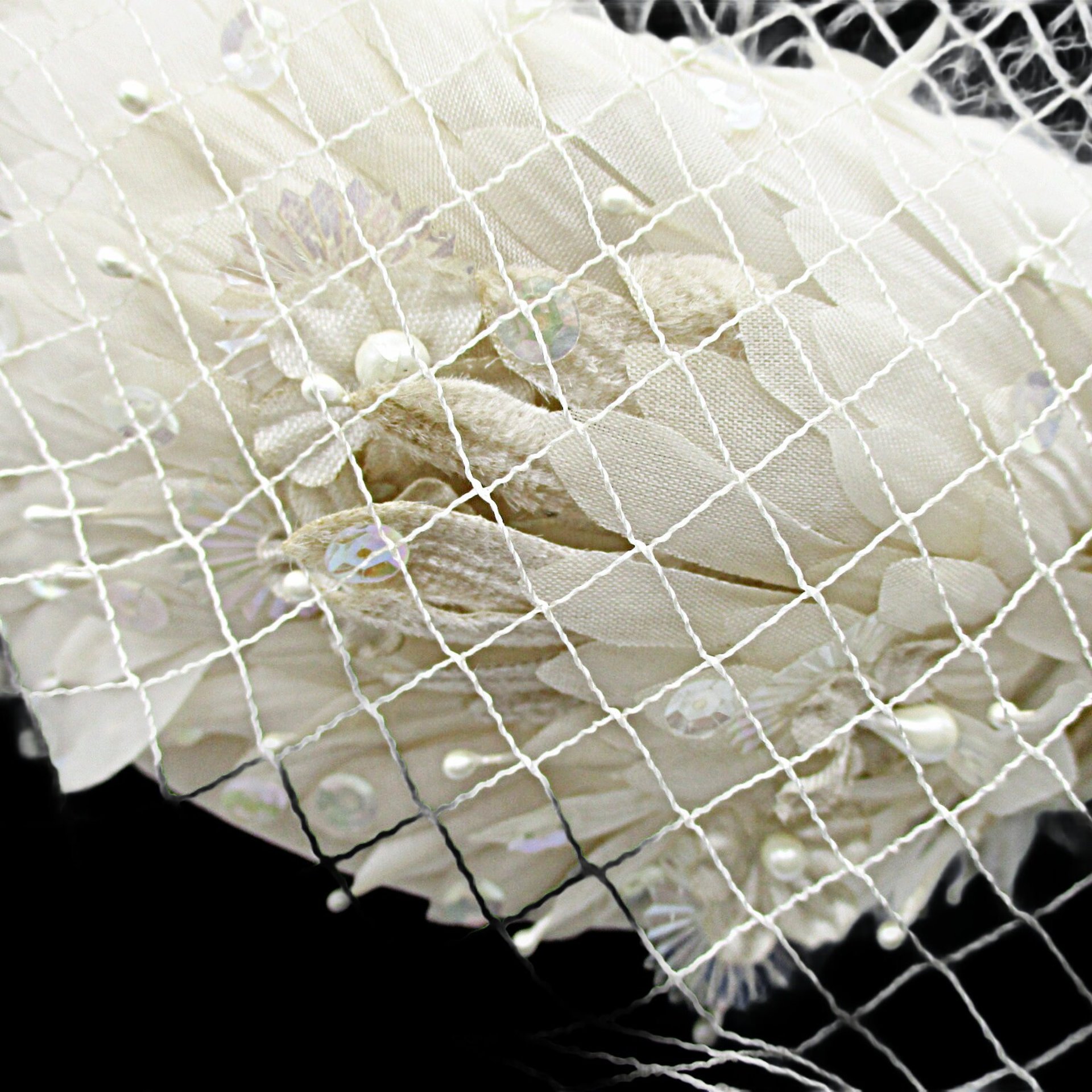 Ladies Vintage Hat Dressy, Faux Pearls, Sequins and Netting, Creamy White, Pillbox Style, Wedding Hat, L Strauss