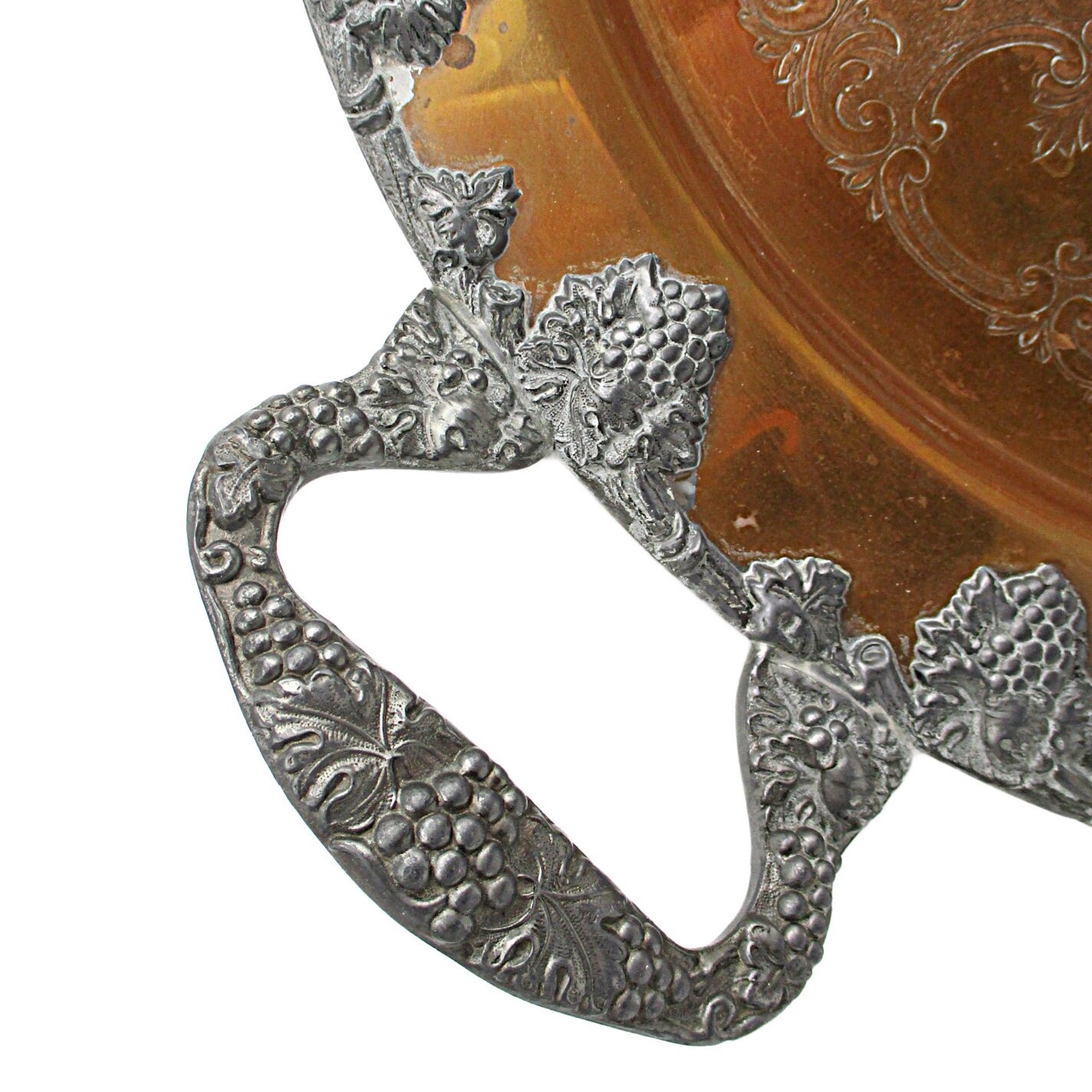 Large Copper Serving Tray, Heavy Ornate Trim and Handles, 18 Inch Diameter, French Farmhouse Country Kitchen Decor, Federal Silver on Copper