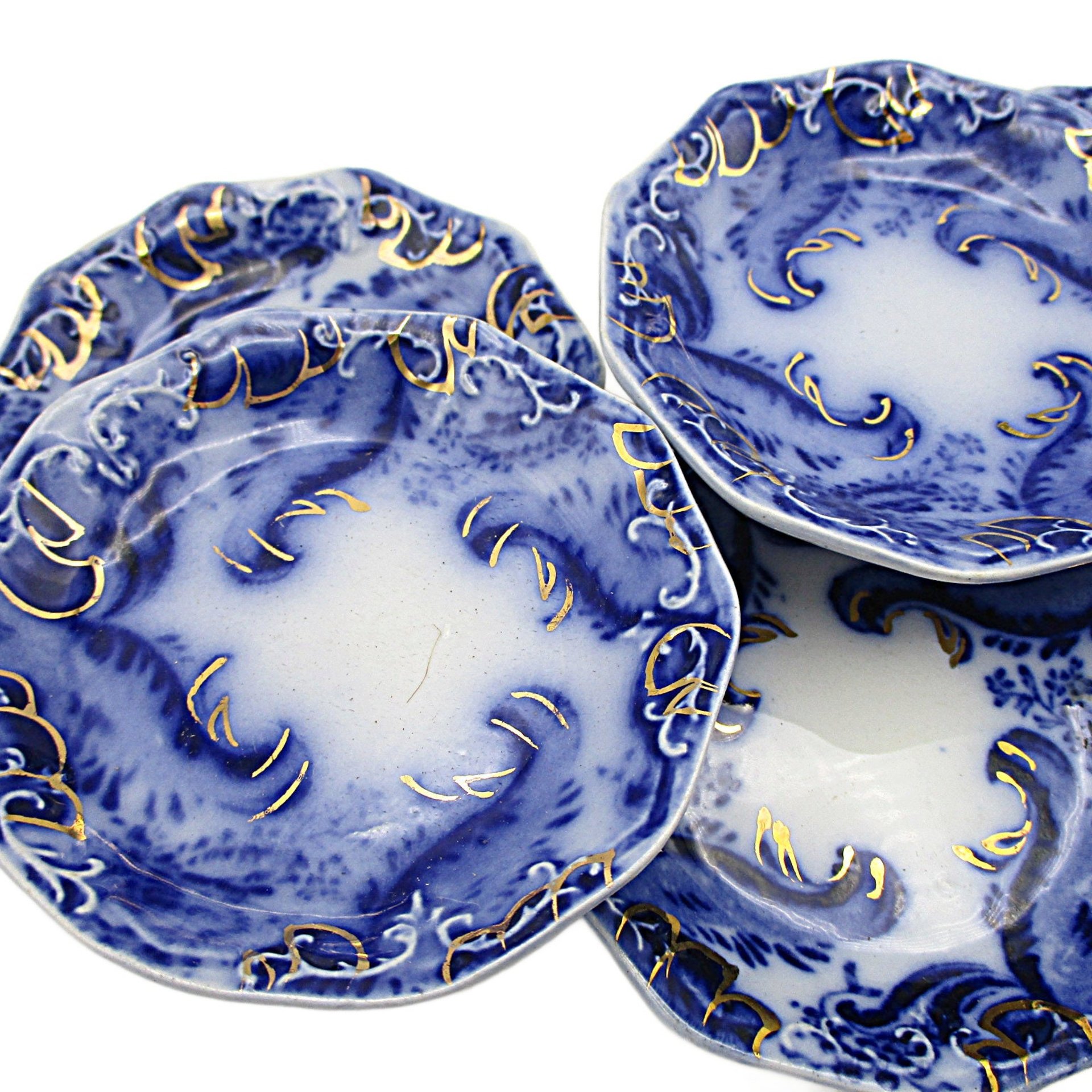 Flow Blue Butter Pats, Set of 6, WH Grindley Argyle Pattern, Gold Highlights, Great Condition