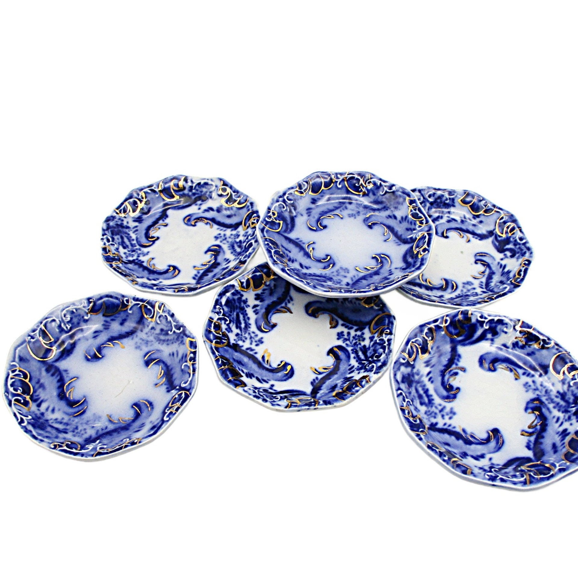 Flow Blue Butter Pats, Set of 6, WH Grindley Argyle Pattern, Gold Highlights, Great Condition