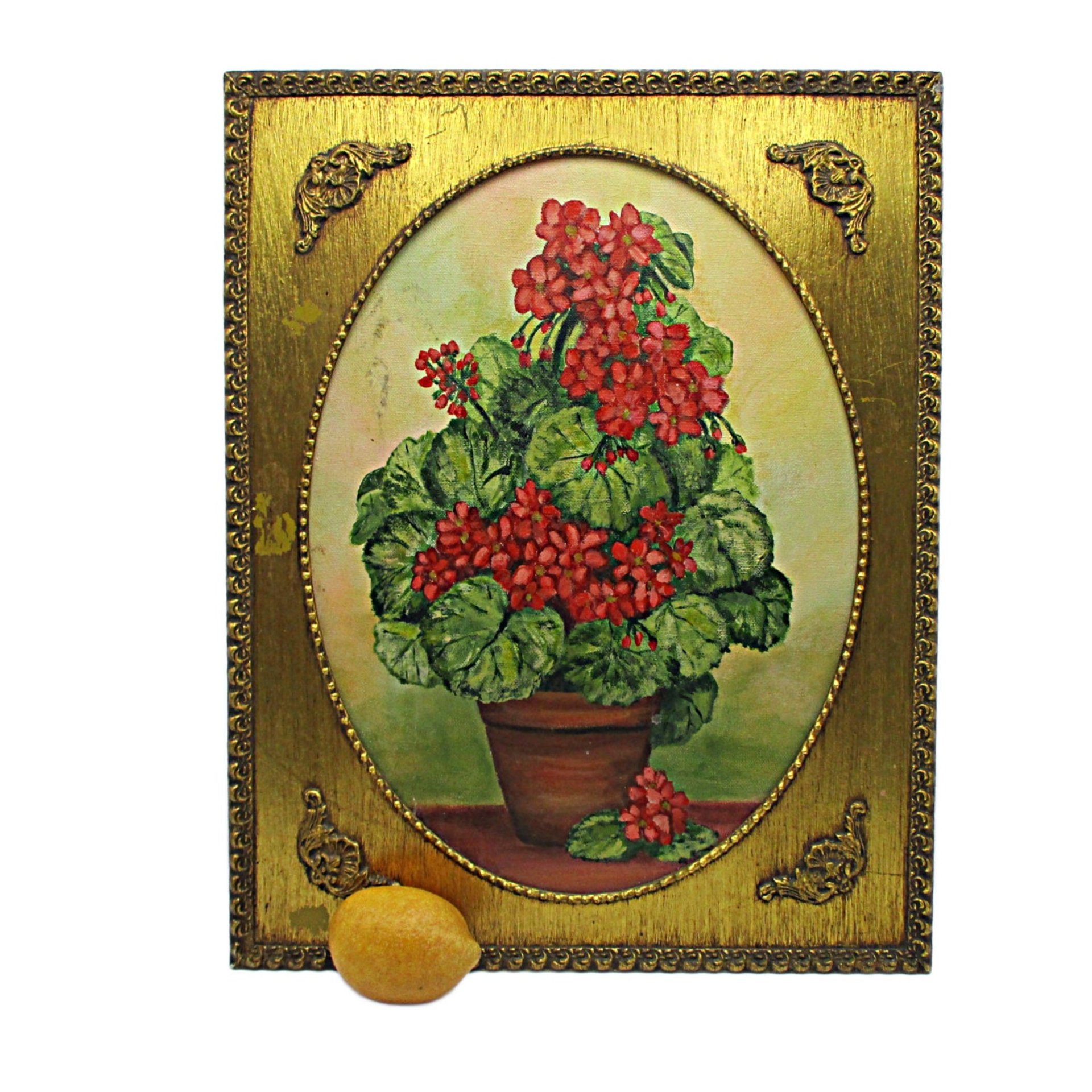 Original Oil Painting Red Geraniums, Gold Frame, 19 X 15 Inches, Farmhouse or French Country Wall Decor