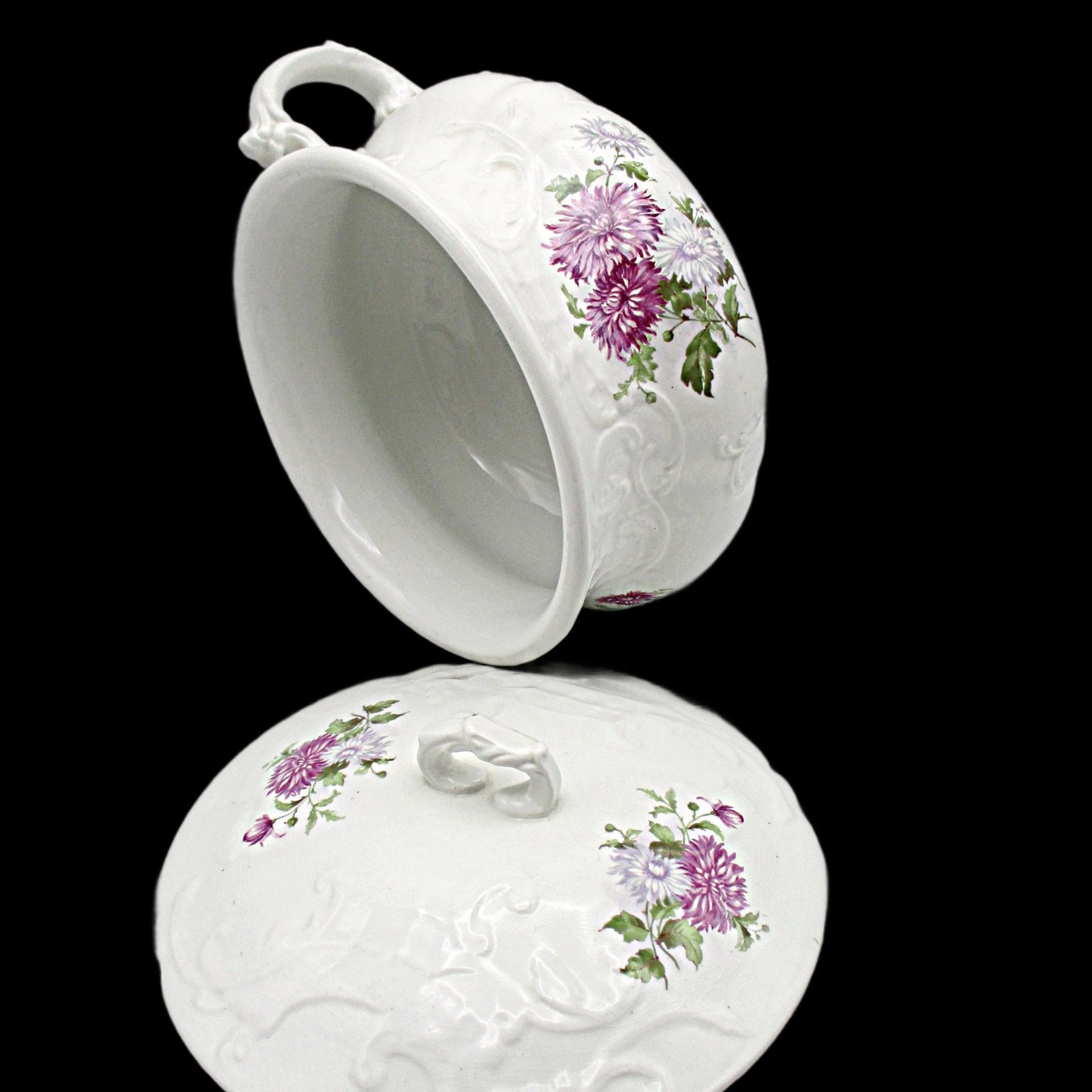 Chamber Pot, Dresden China, Lidded, Lavender and Violet Florals, Deeply Embossed, Wonderful Condition, Antique Bath Decor, French Country