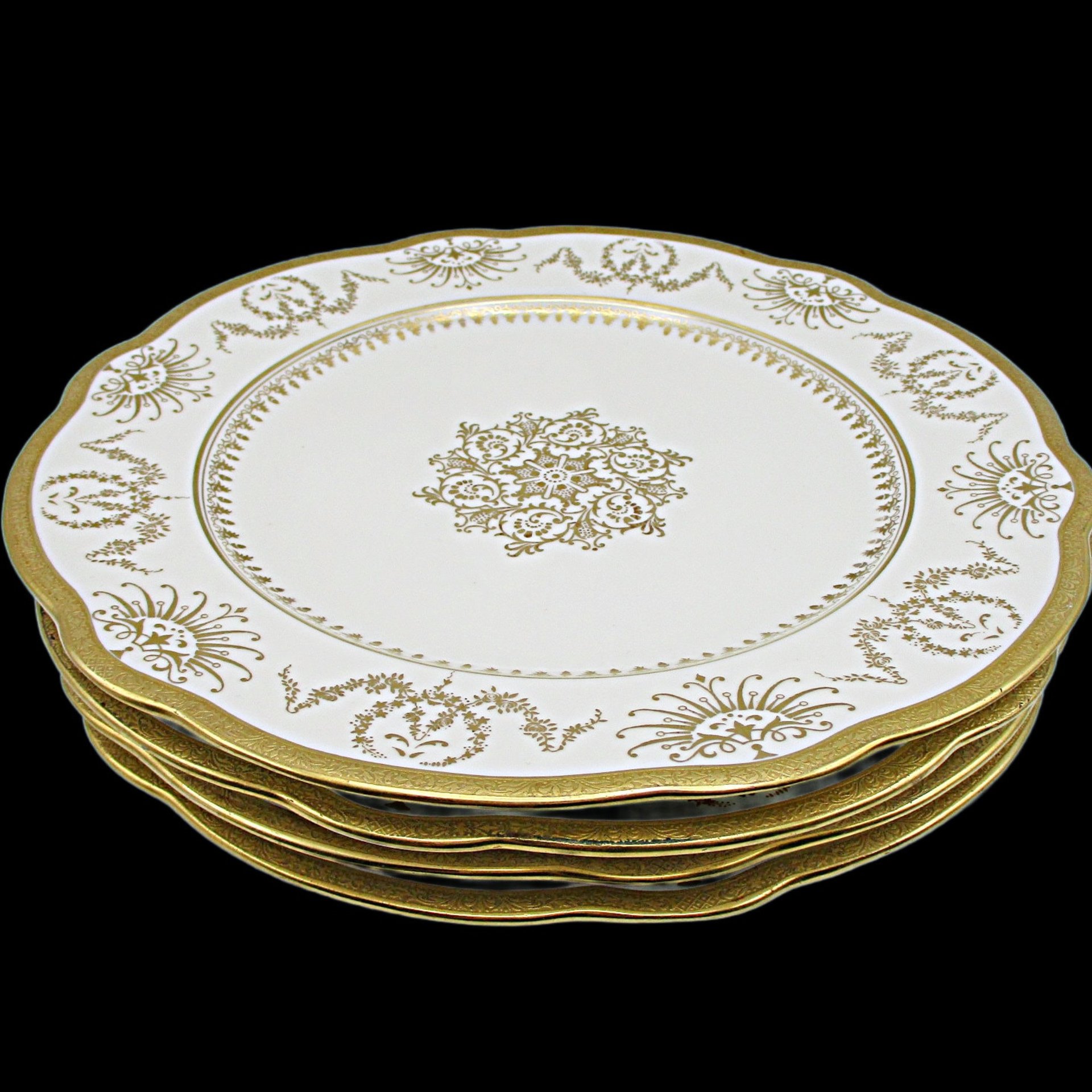 Coalport Dinner Plates for Marshall Fields, Set of 4, Gold Pattern on White, Center Medallion, Made in England, Wedding or Anniversary Gift