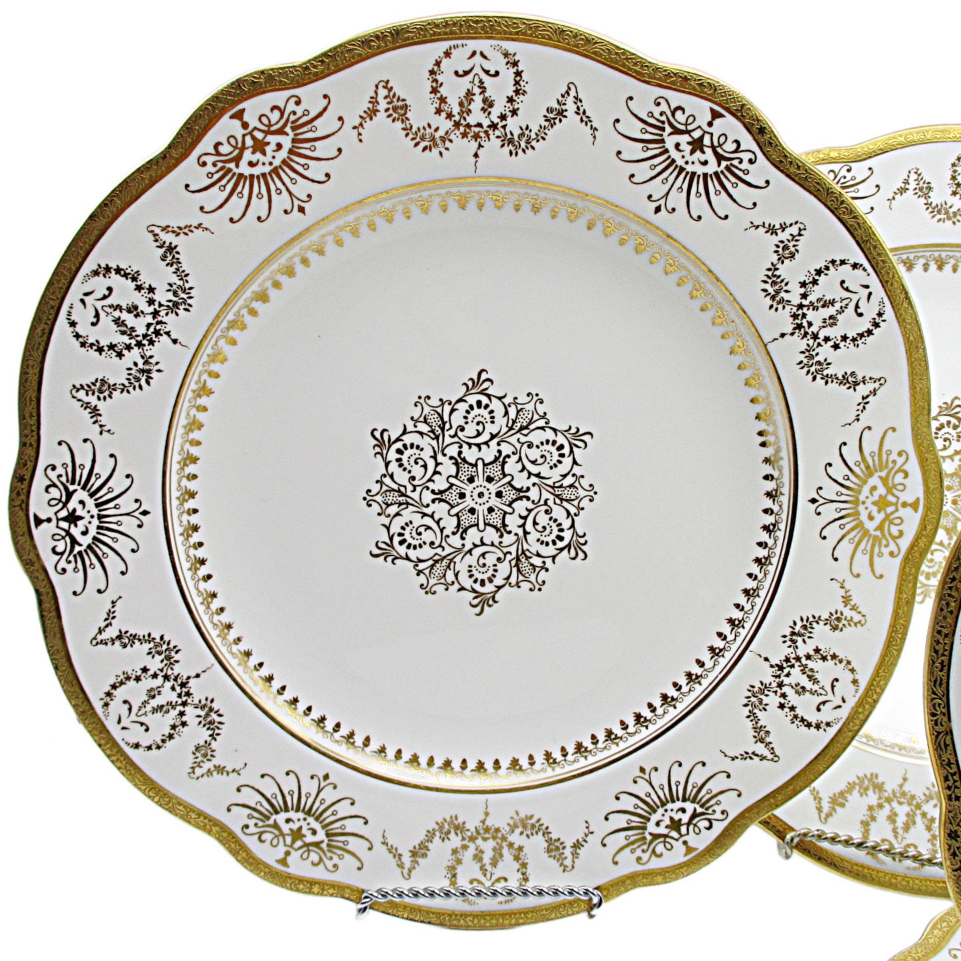 Coalport Dinner Plates for Marshall Fields, Set of 4, Gold Pattern on White, Center Medallion, Made in England, Wedding or Anniversary Gift