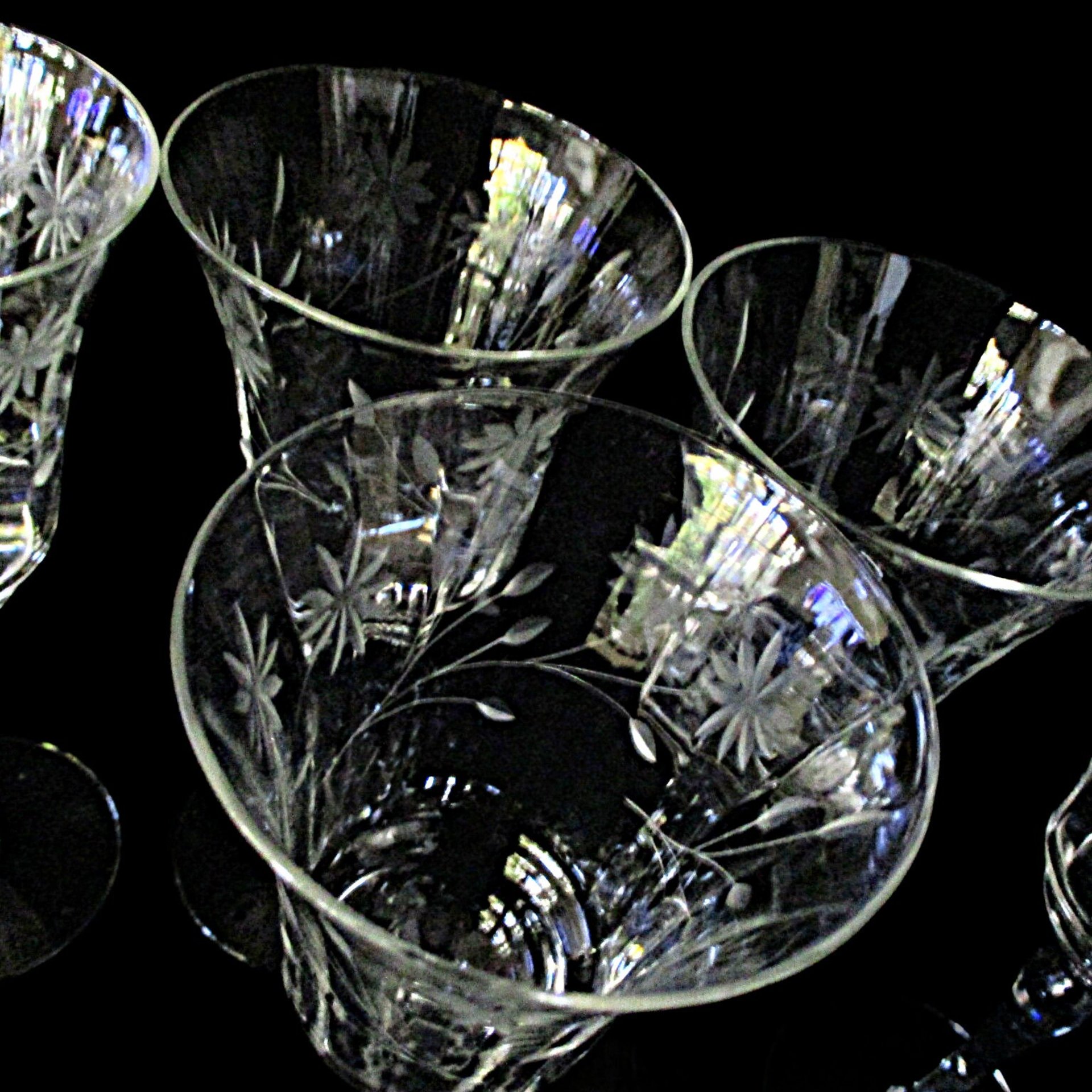 Mid Century Wine Glasses Etched Florals, 1960s, Set of 5, Highly Reflective, Excellent Condition