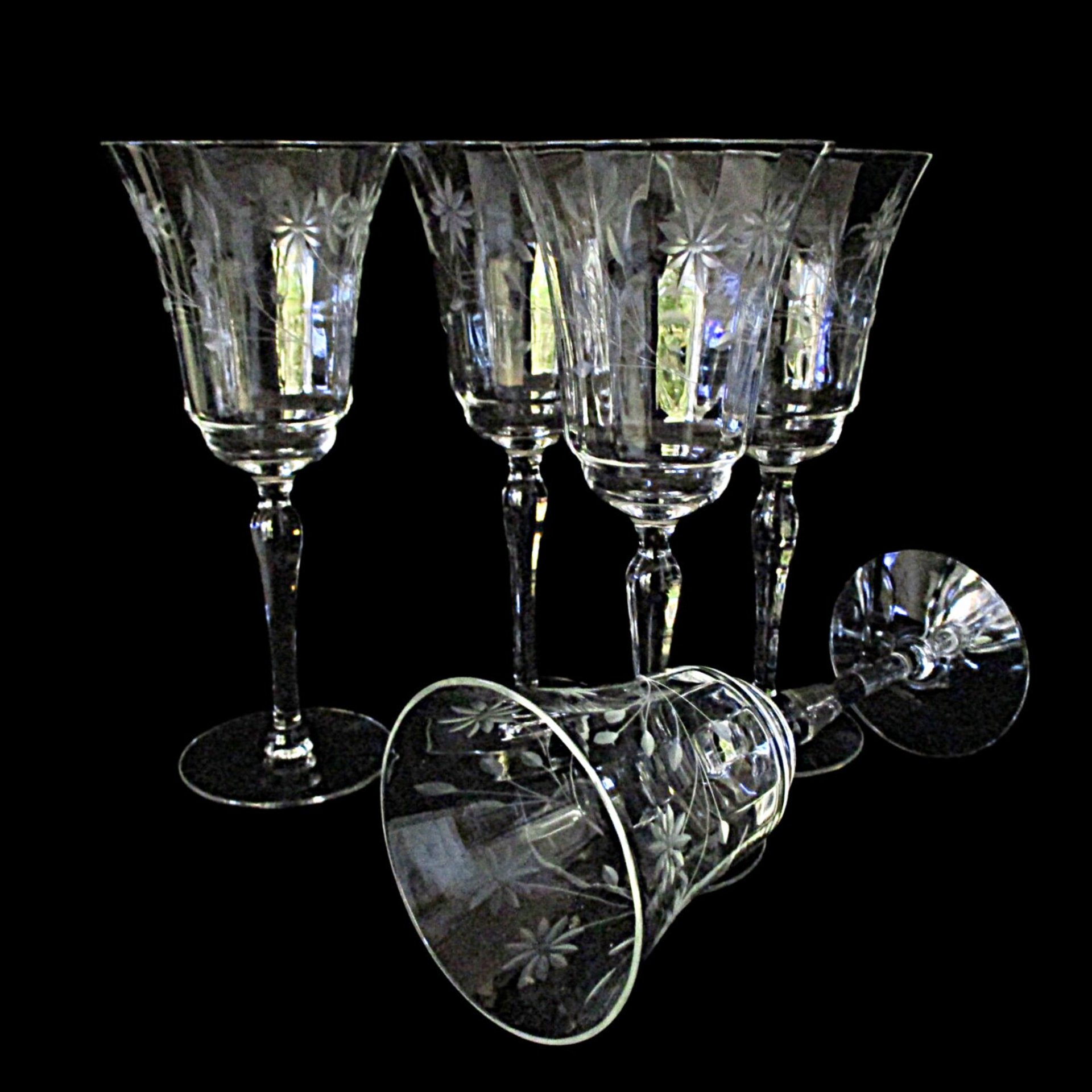 Mid Century Wine Glasses Etched Florals, 1960s, Set of 5, Highly Reflective, Excellent Condition