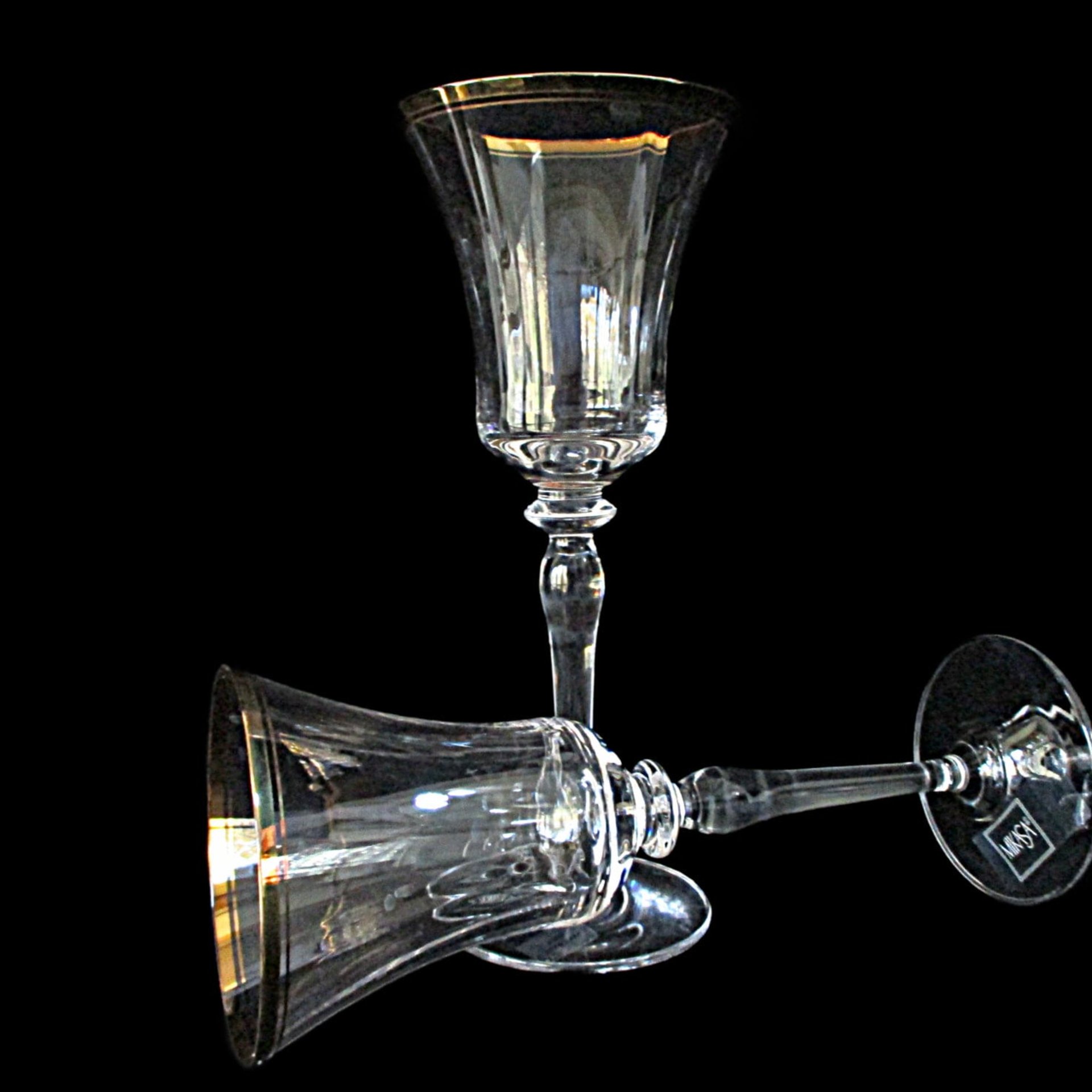 Mikasa Jamestown Water Goblets, Clear with Gold Trim, Original Stickers, Excellent Condition, Set of 2