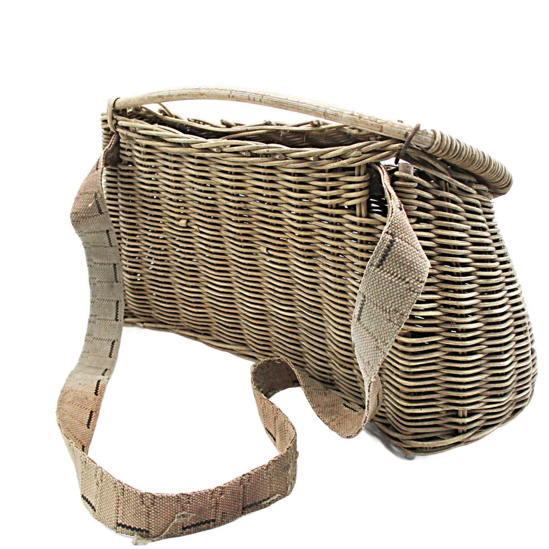Vintage Fishing Creel Basket, Canvas Strap, Wicker, Lake House Decor, Gift for Fisherman