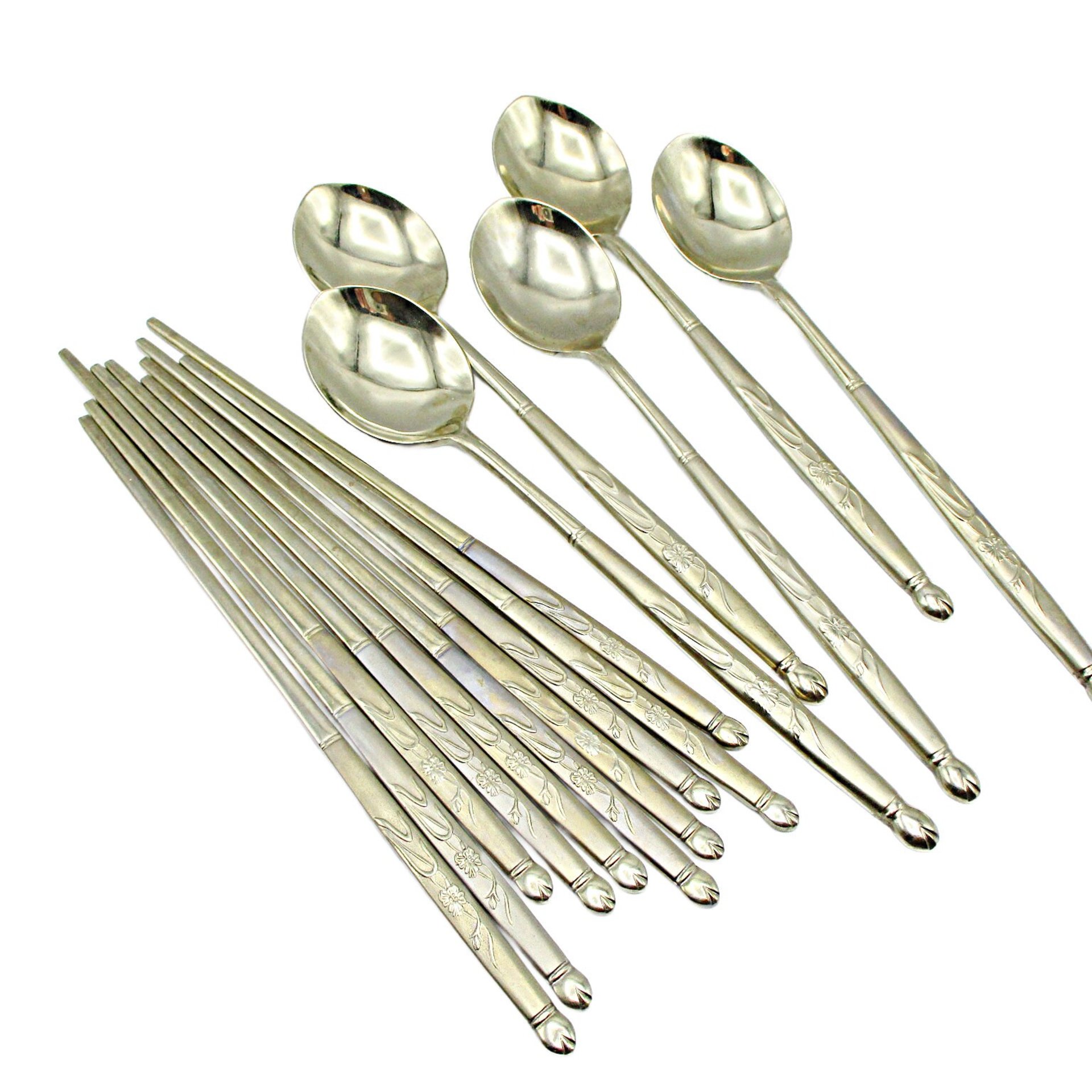 Stainless Steel Chopsticks Stirrers Long Spoons, 18/10 Kum Ling, Golden Floral Pattern, Set of 10 Chopsticks, 5 Spoons