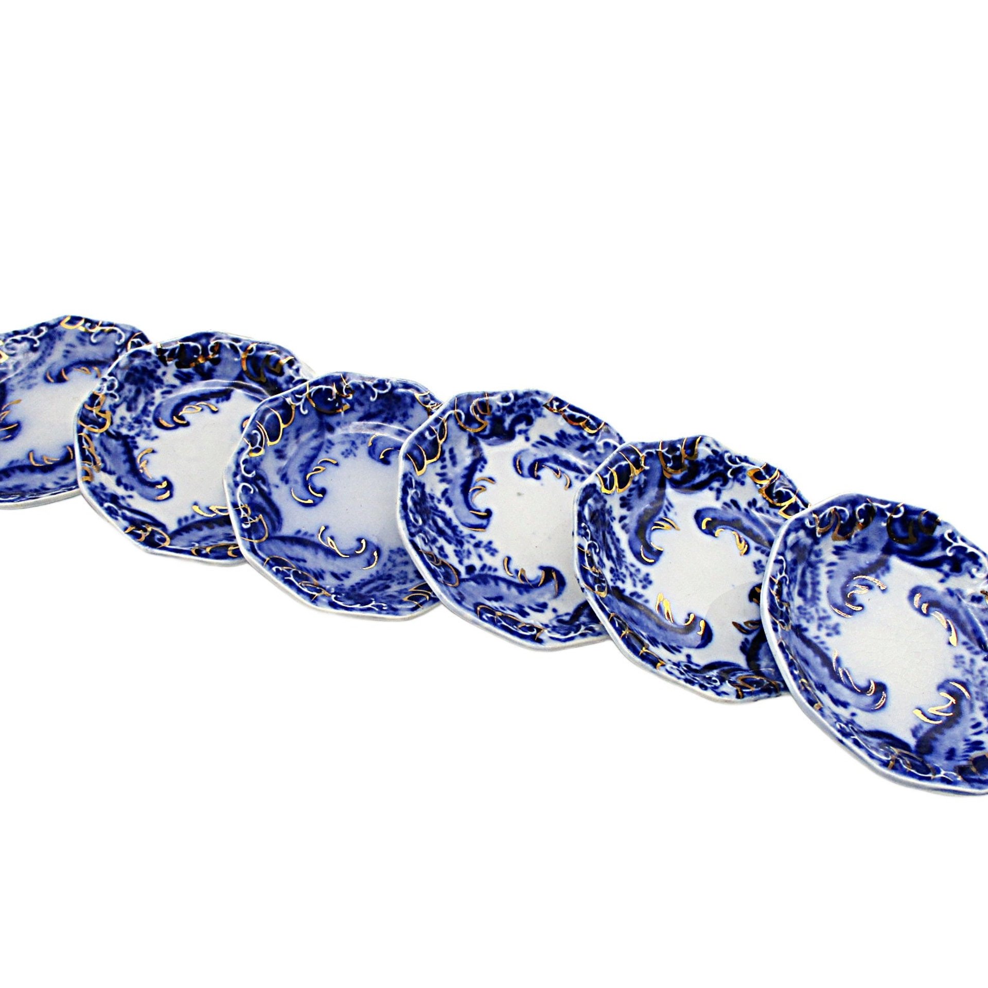 Flow Blue Butter Pats, Set of 6, WH Grindley Argyle Pattern, Gold Highlights, Great Condition