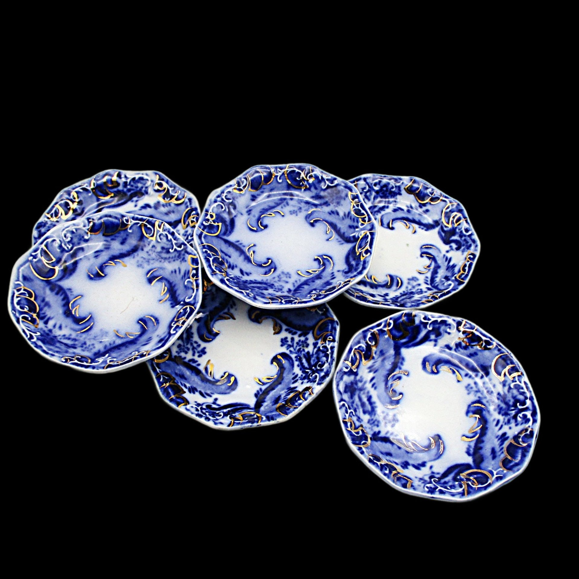 Flow Blue Butter Pats, Set of 6, WH Grindley Argyle Pattern, Gold Highlights, Great Condition