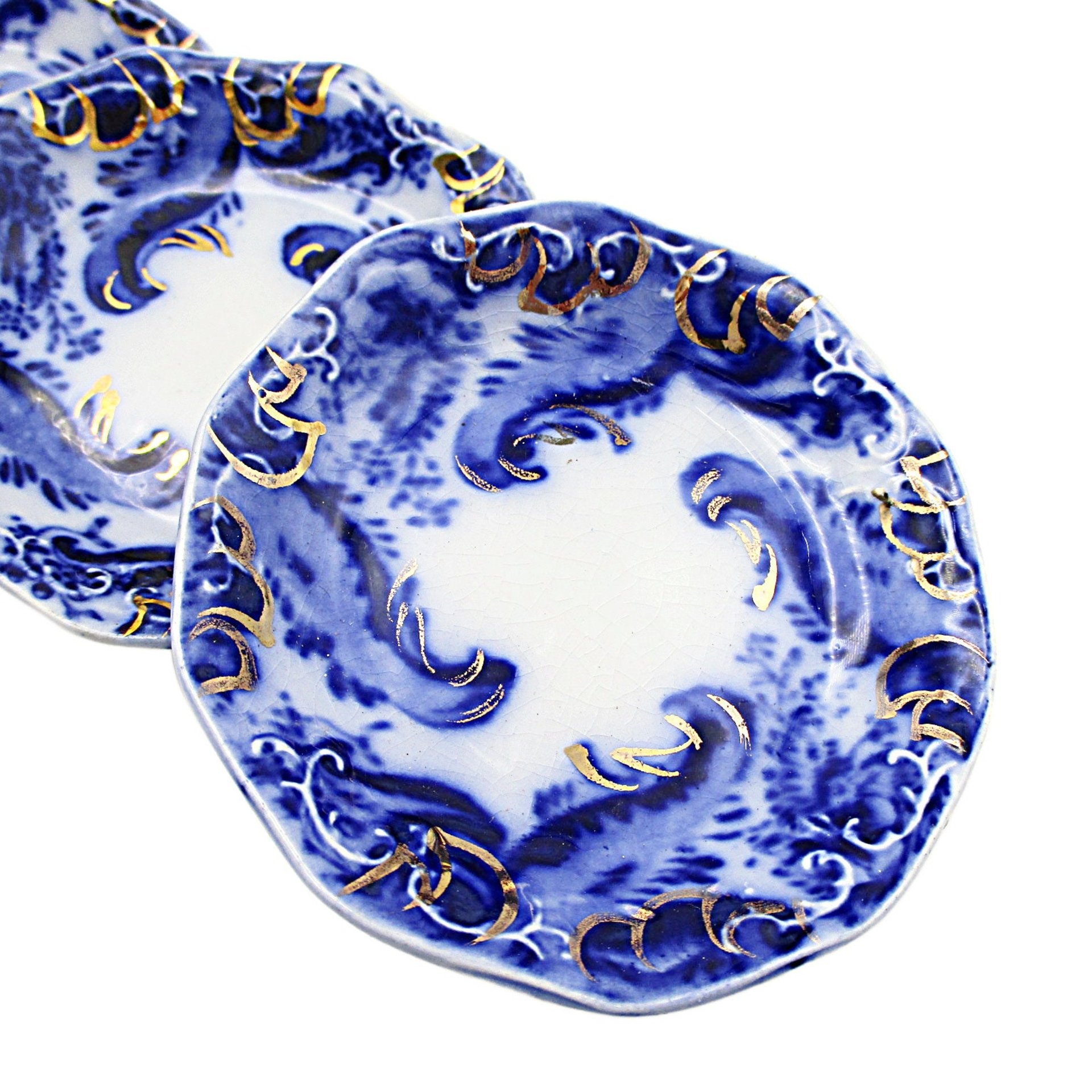 Flow Blue Butter Pats, Set of 6, WH Grindley Argyle Pattern, Gold Highlights, Great Condition