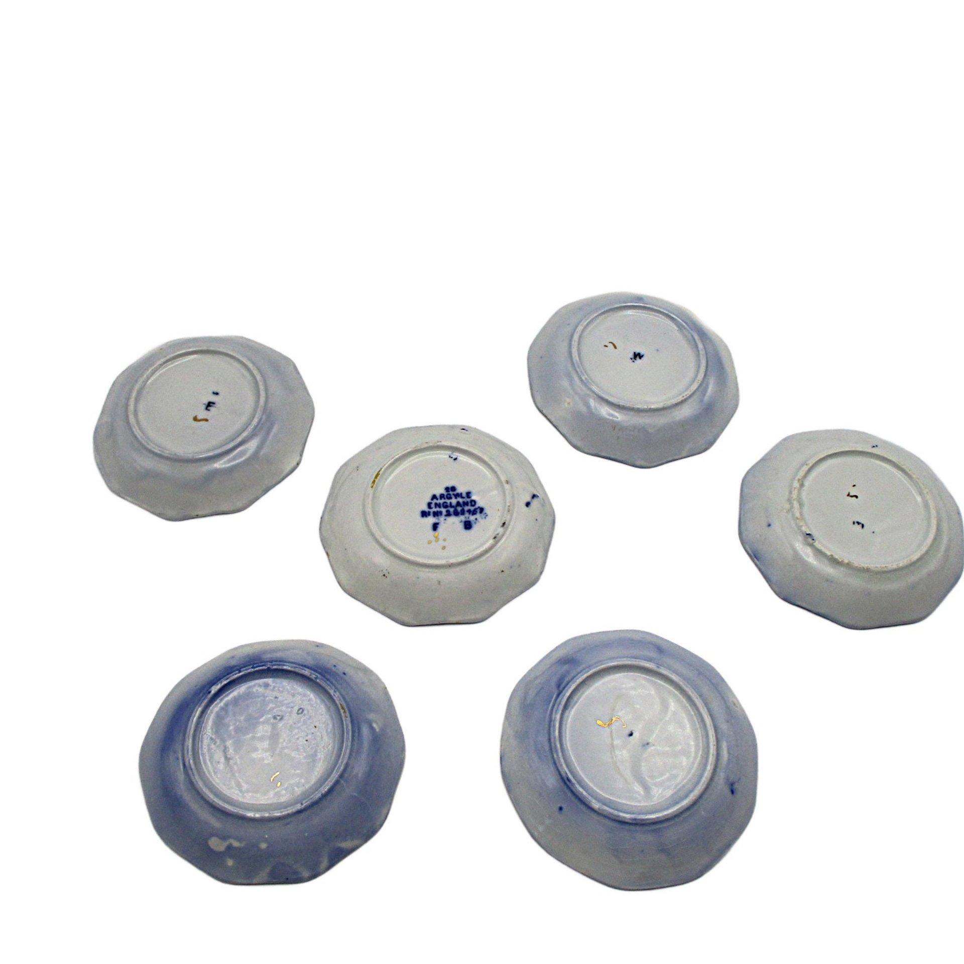 Flow Blue Butter Pats, Set of 6, WH Grindley Argyle Pattern, Gold Highlights, Great Condition