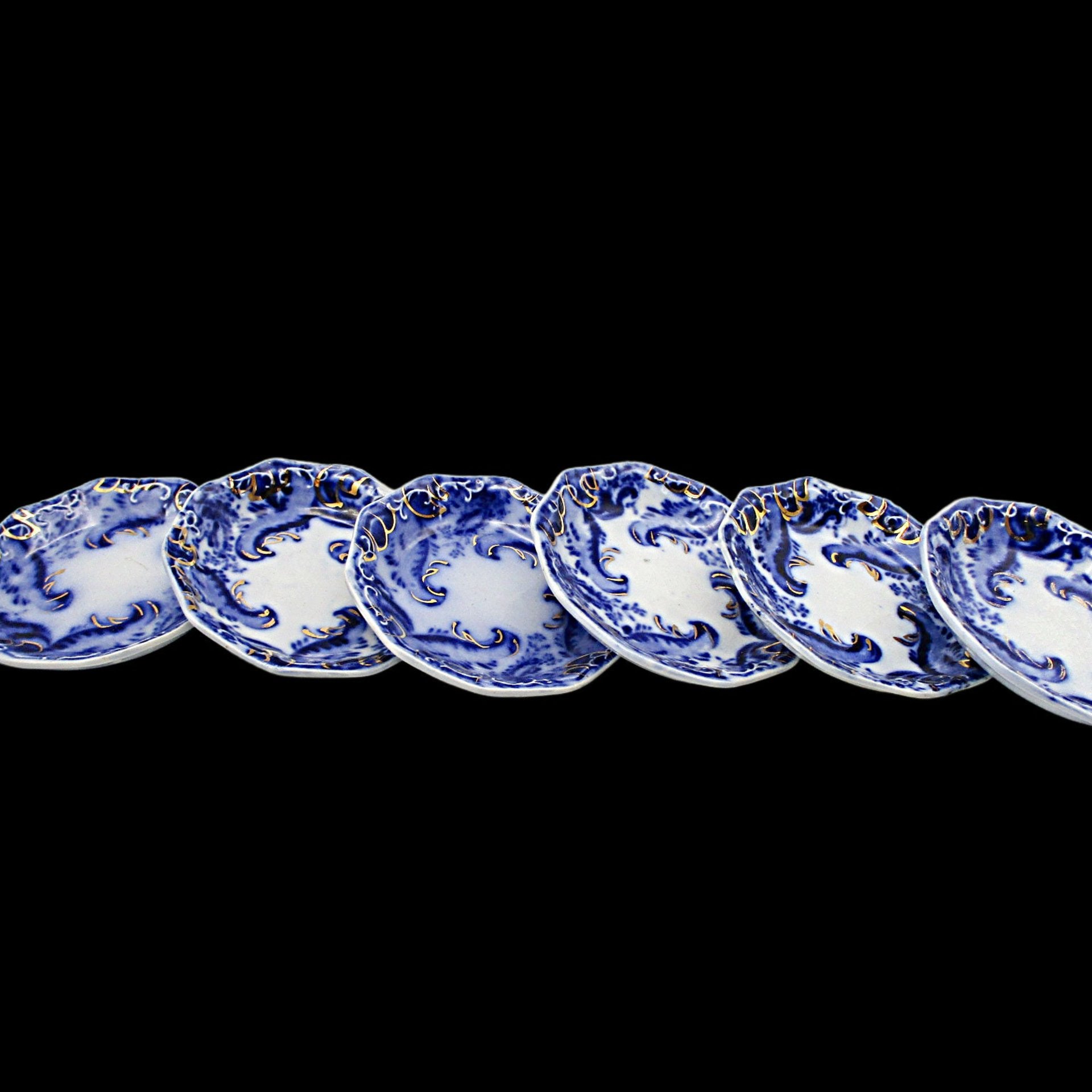Flow Blue Butter Pats, Set of 6, WH Grindley Argyle Pattern, Gold Highlights, Great Condition