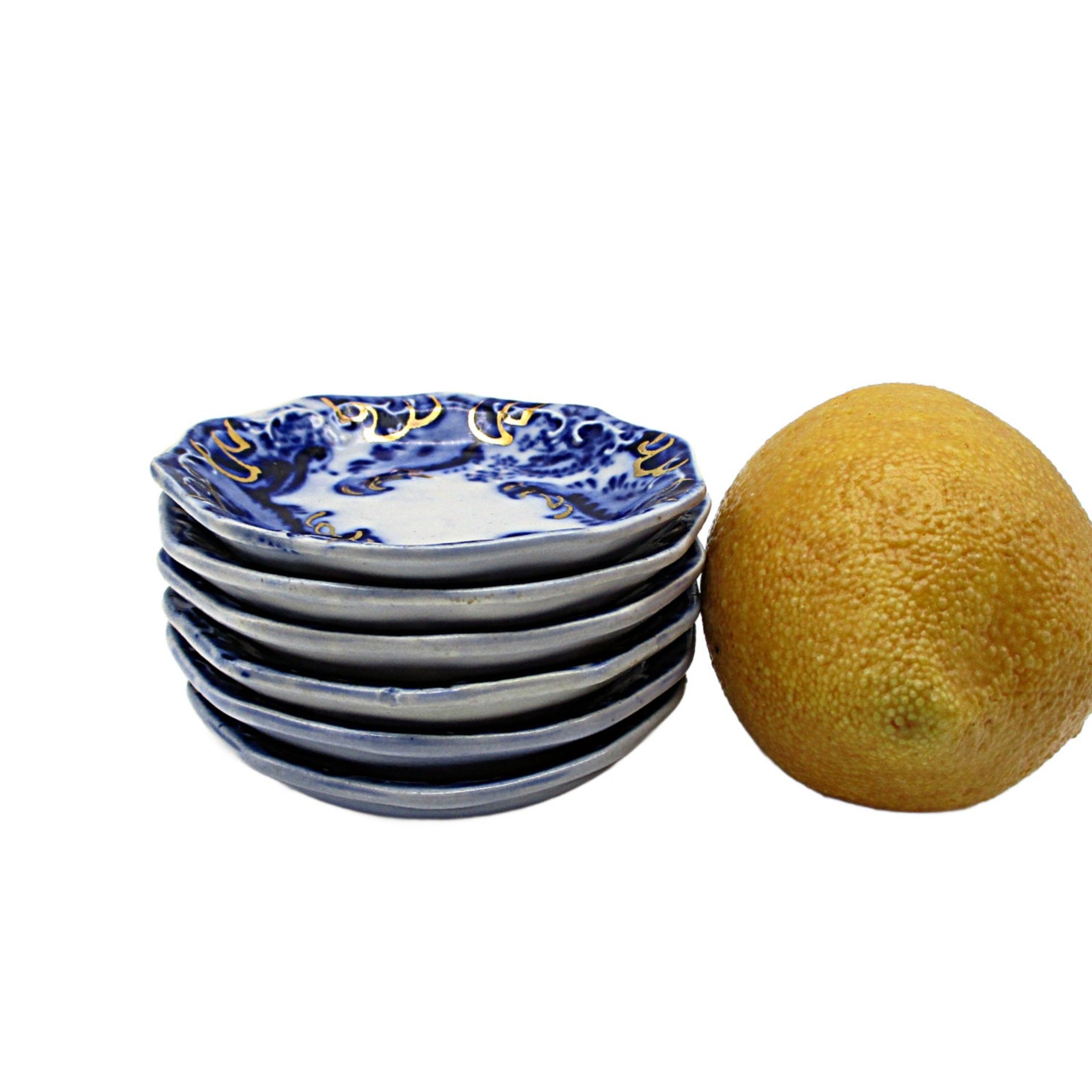 Flow Blue Butter Pats, Set of 6, WH Grindley Argyle Pattern, Gold Highlights, Great Condition