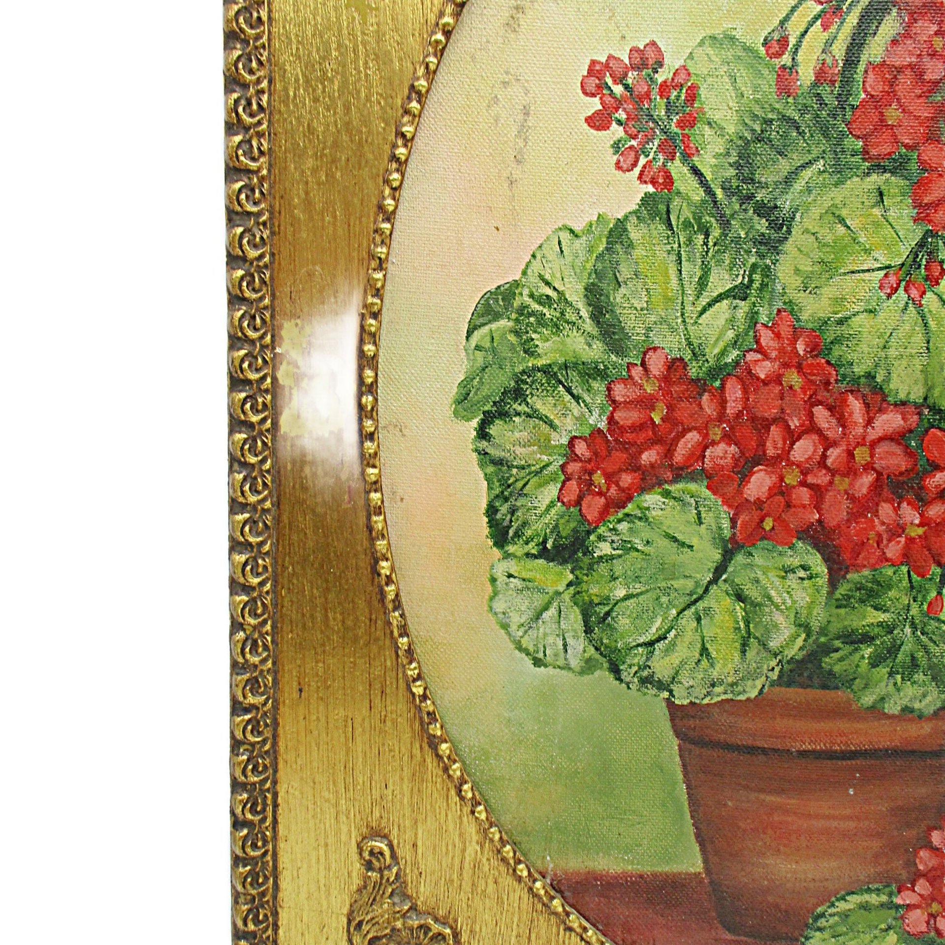 Original Oil Painting Red Geraniums, Gold Frame, 19 X 15 Inches, Farmhouse or French Country Wall Decor