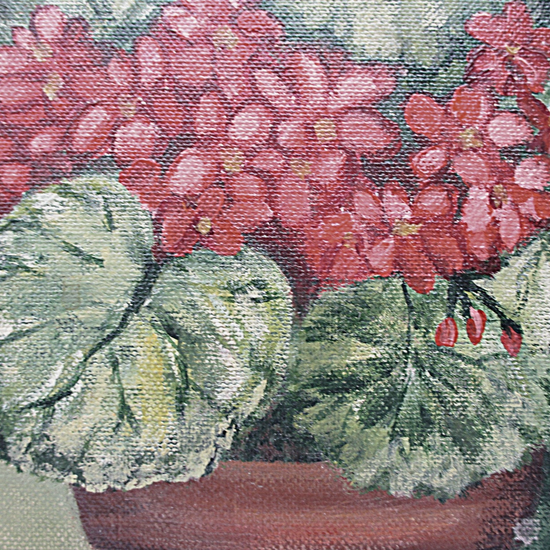 Original Oil Painting Red Geraniums, Gold Frame, 19 X 15 Inches, Farmhouse or French Country Wall Decor