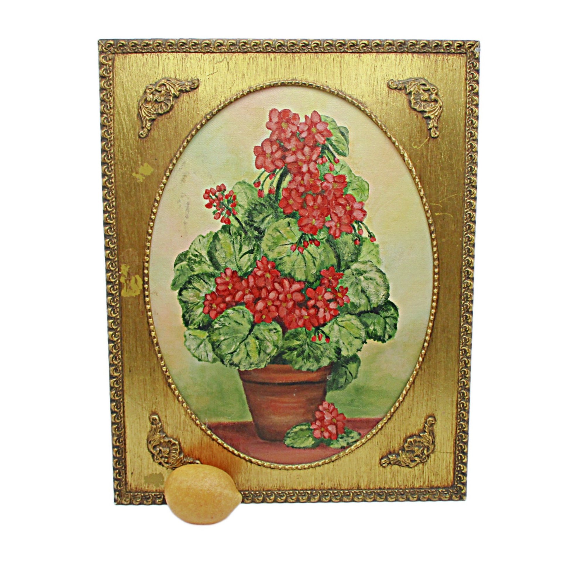 Original Oil Painting Red Geraniums, Gold Frame, 19 X 15 Inches, Farmhouse or French Country Wall Decor